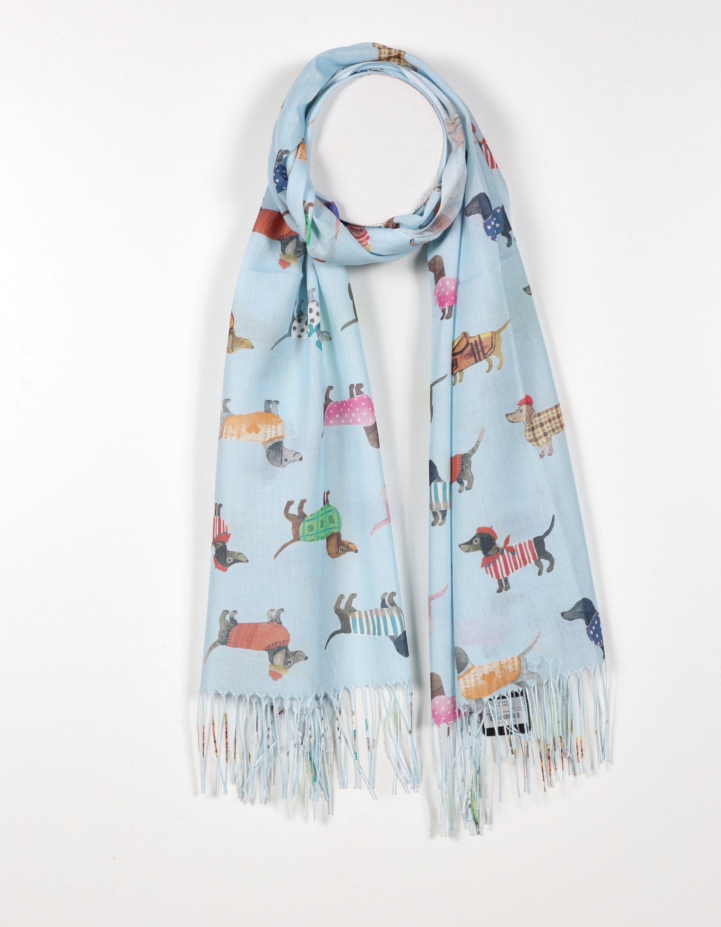 Écharpe à imprimé teckel bleu avec franges