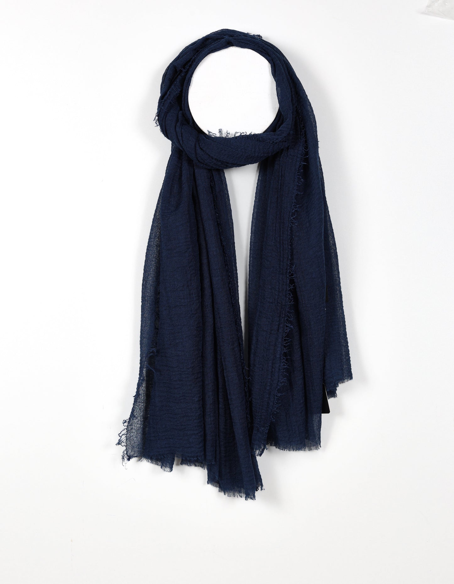 Open-Knit Navy Fringed Scarf