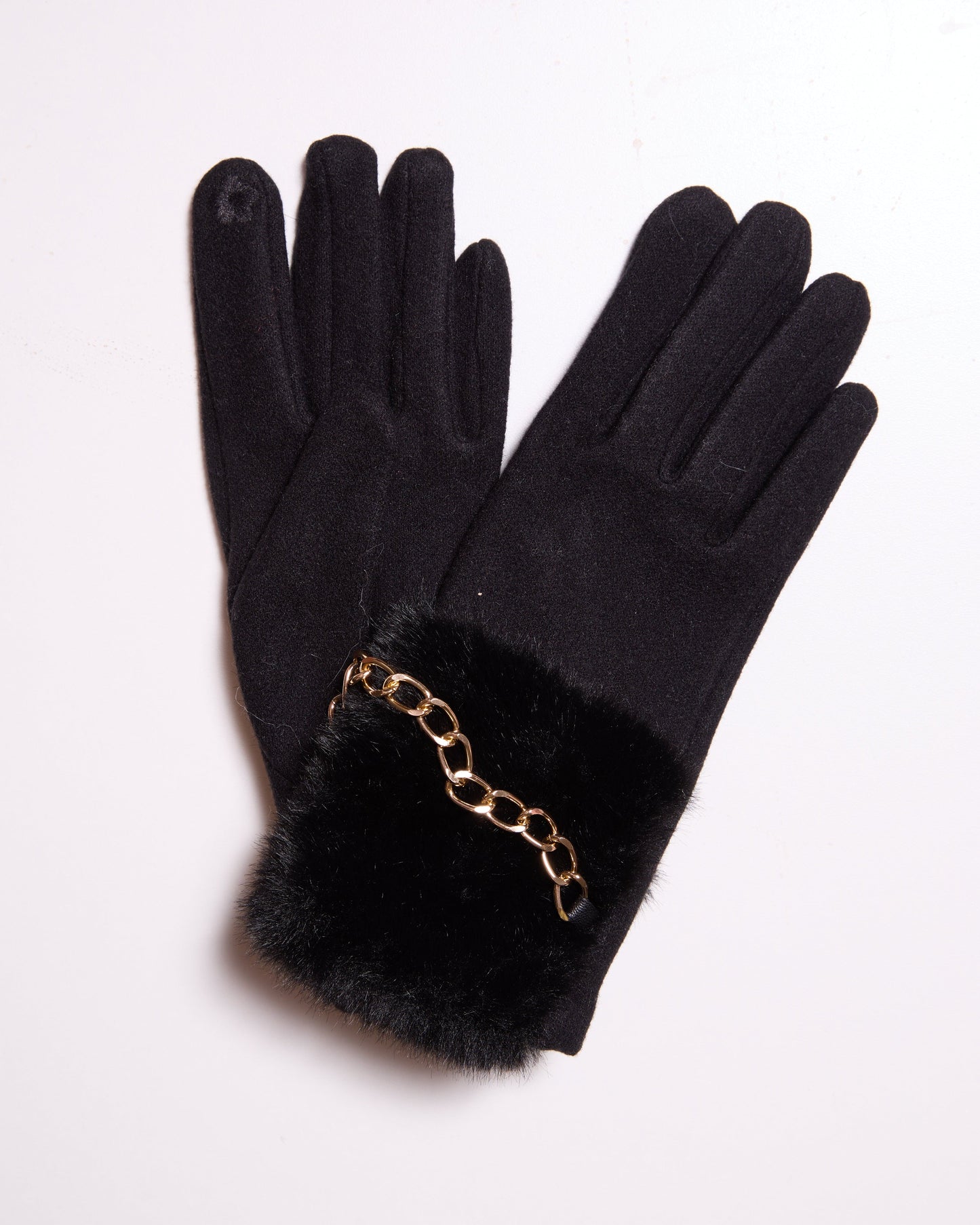 Black Gloves with Faux Fur Cuffs and Gold Chain Detail