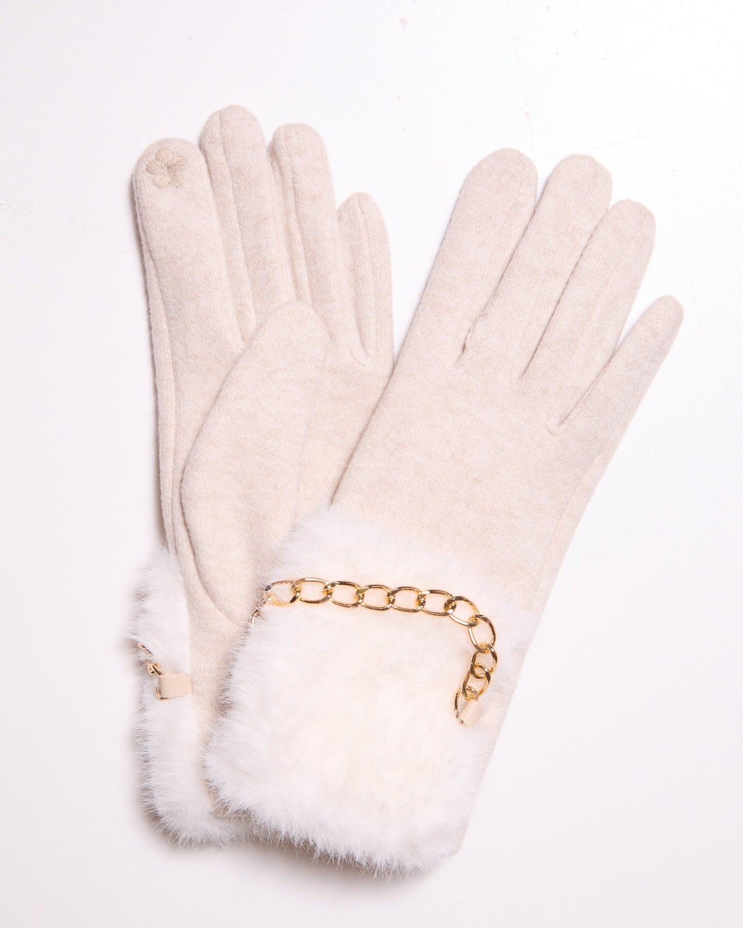 White Gloves with Faux Fur Cuffs and Gold Chain Detail