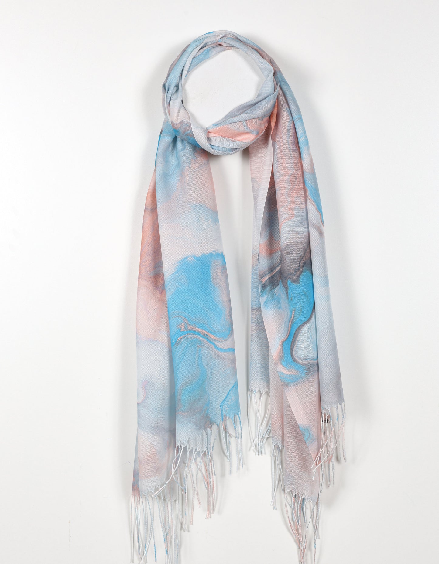 Aqua - Watercolor Print Scarf with Fringed Ends