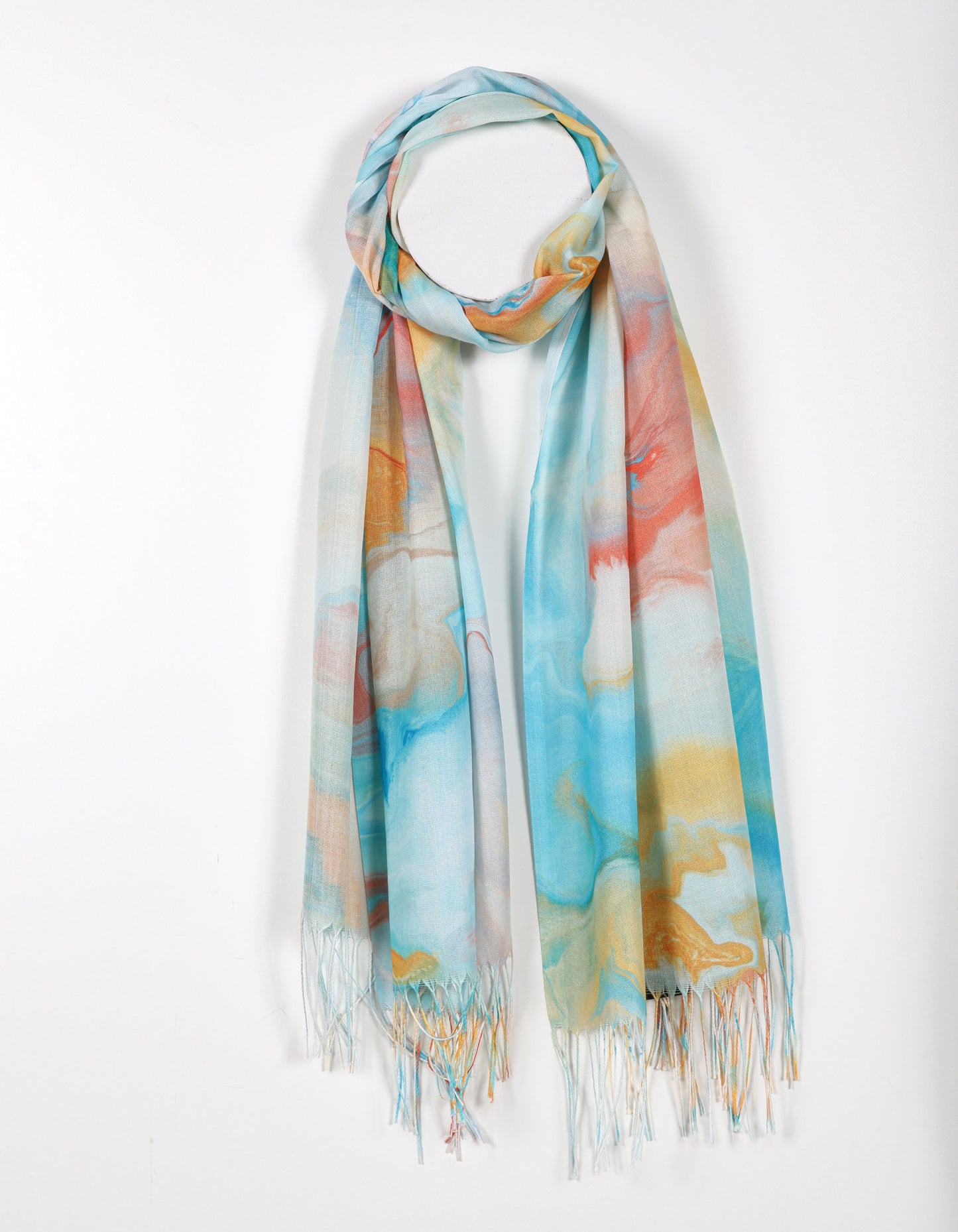 Orange - Watercolor Print Scarf with Fringed Ends