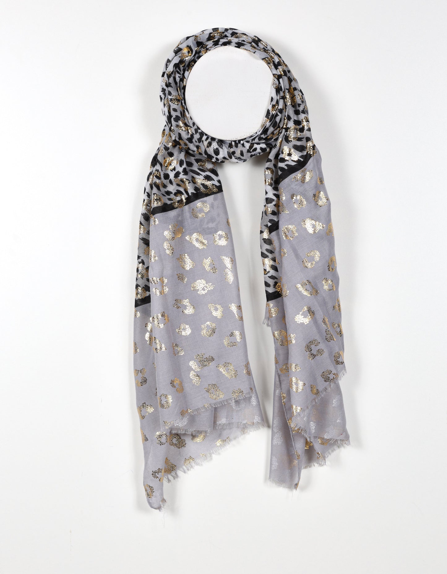 Lightweight Cheetah Print Scarf with Gold Accents in Grey