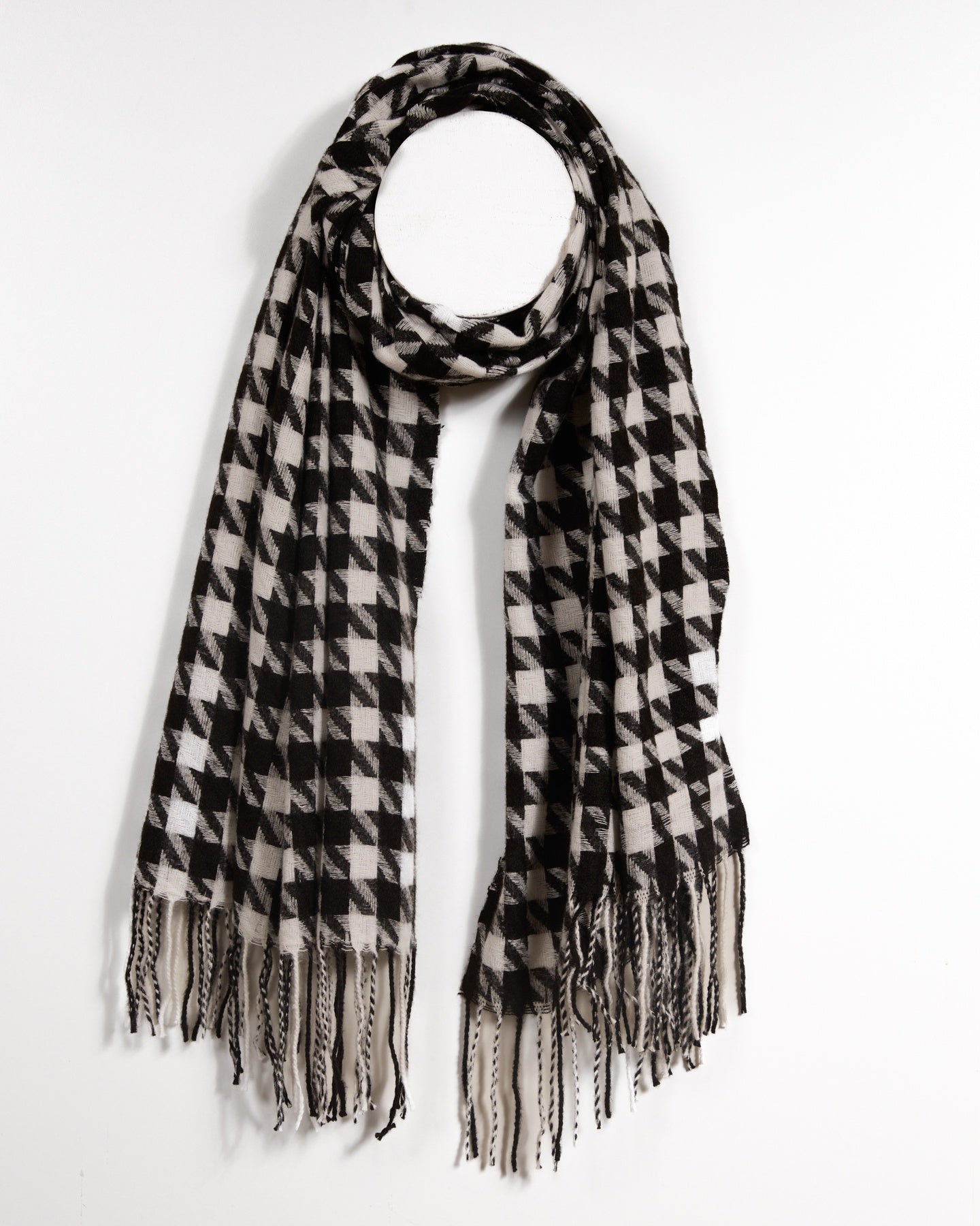 Black Combo Scarf with Bold Black and White Houndstooth Print