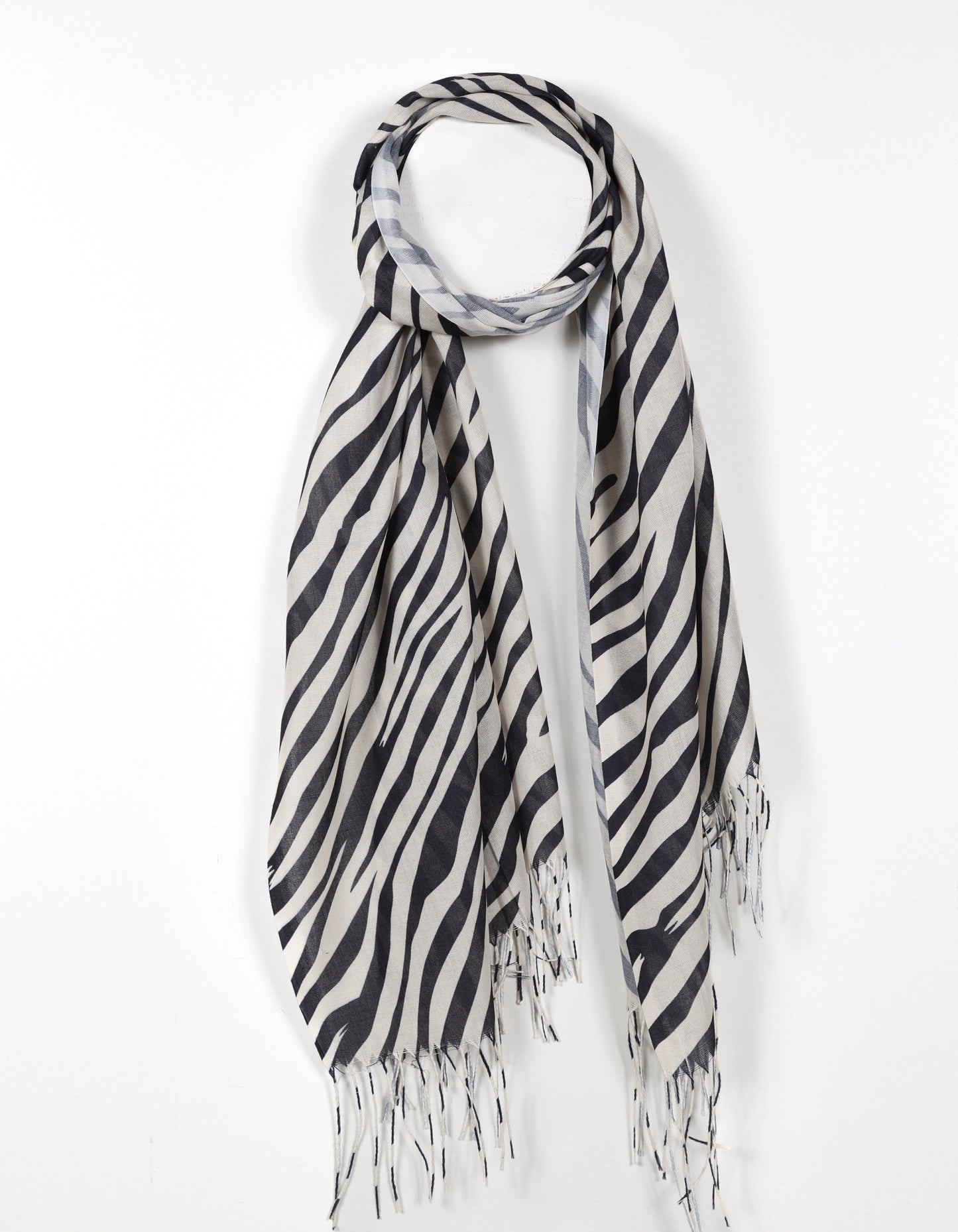 Beige Zebra Print Scarf with Fringed Ends
