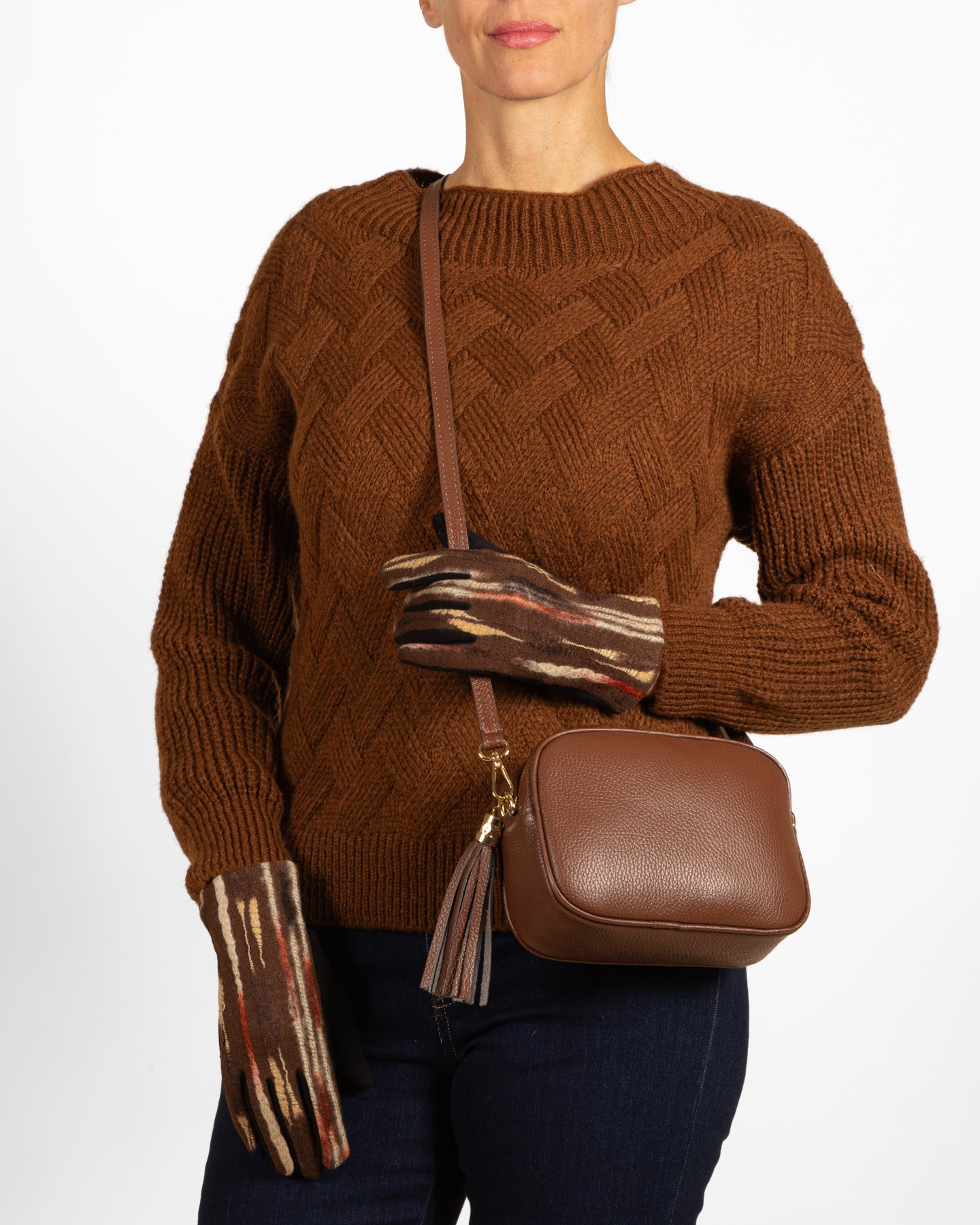 Brown Pebbled Leather Crossbody Bag with Tassel Detail
