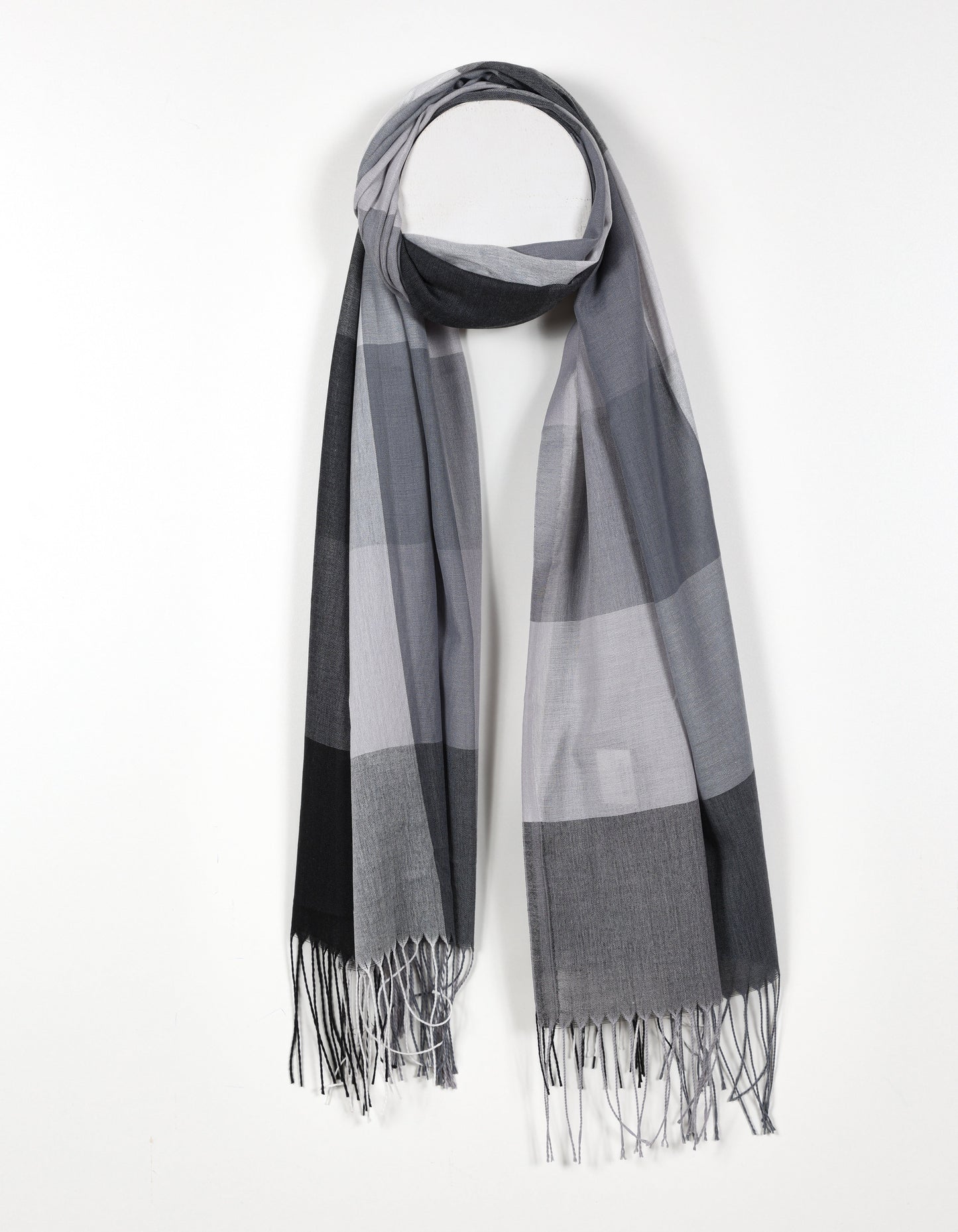 Black - Large Plaid Print Scarf with Fringed Ends