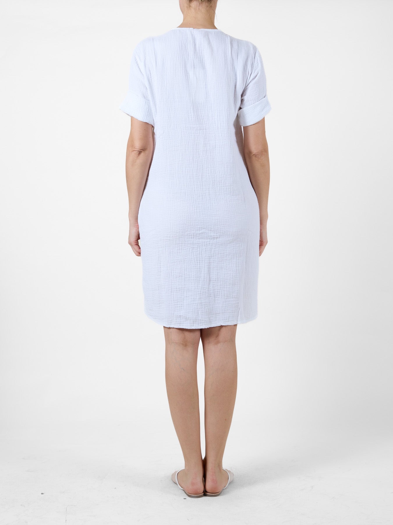 white Cotton Dress with 3/4 Sleeves and Wooden Button Detail