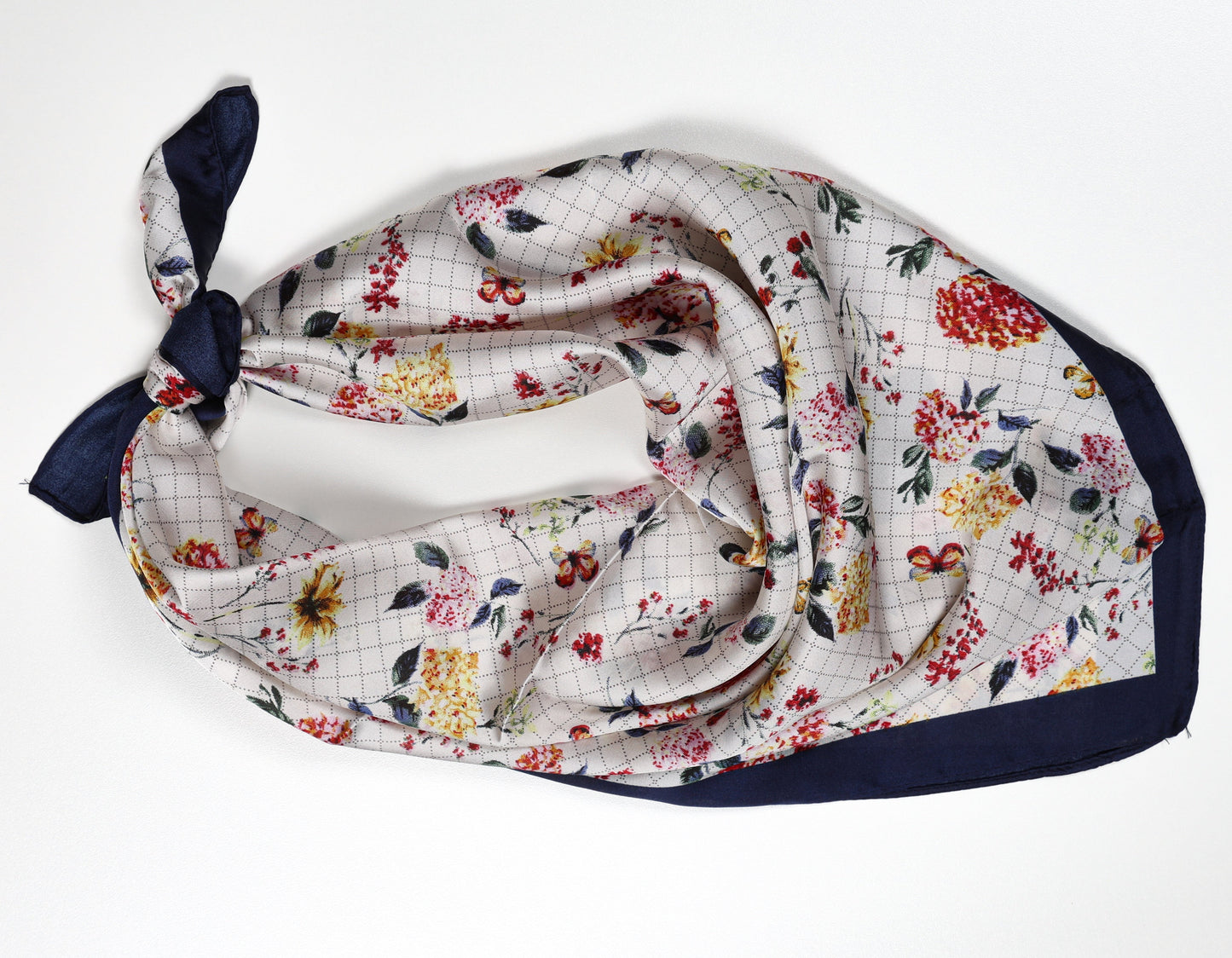 Decorative Silk Scarf with Floral & Geometric Print in Navy