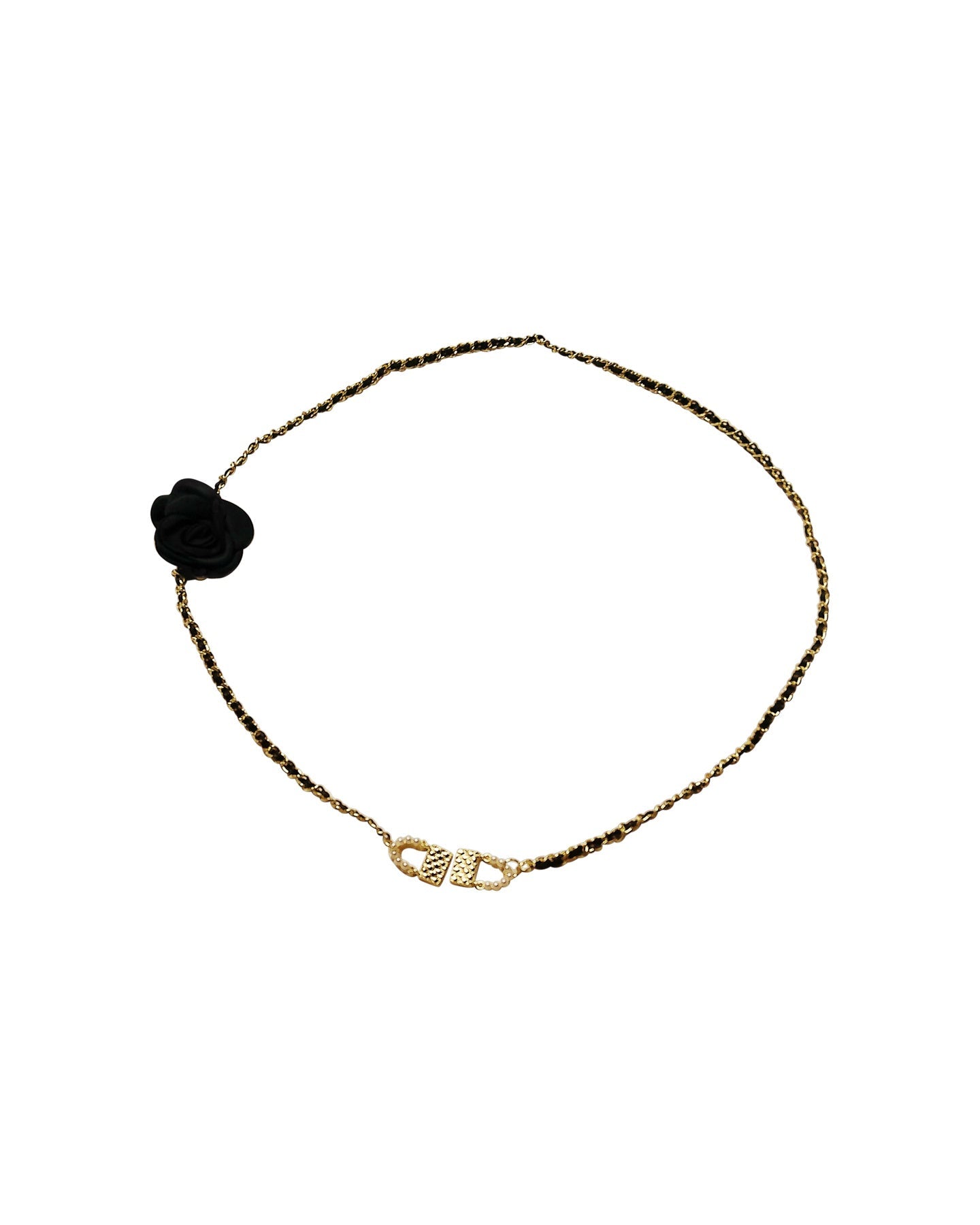 Black and Gold Woven Chain Belt with Flower and Handbag Charm