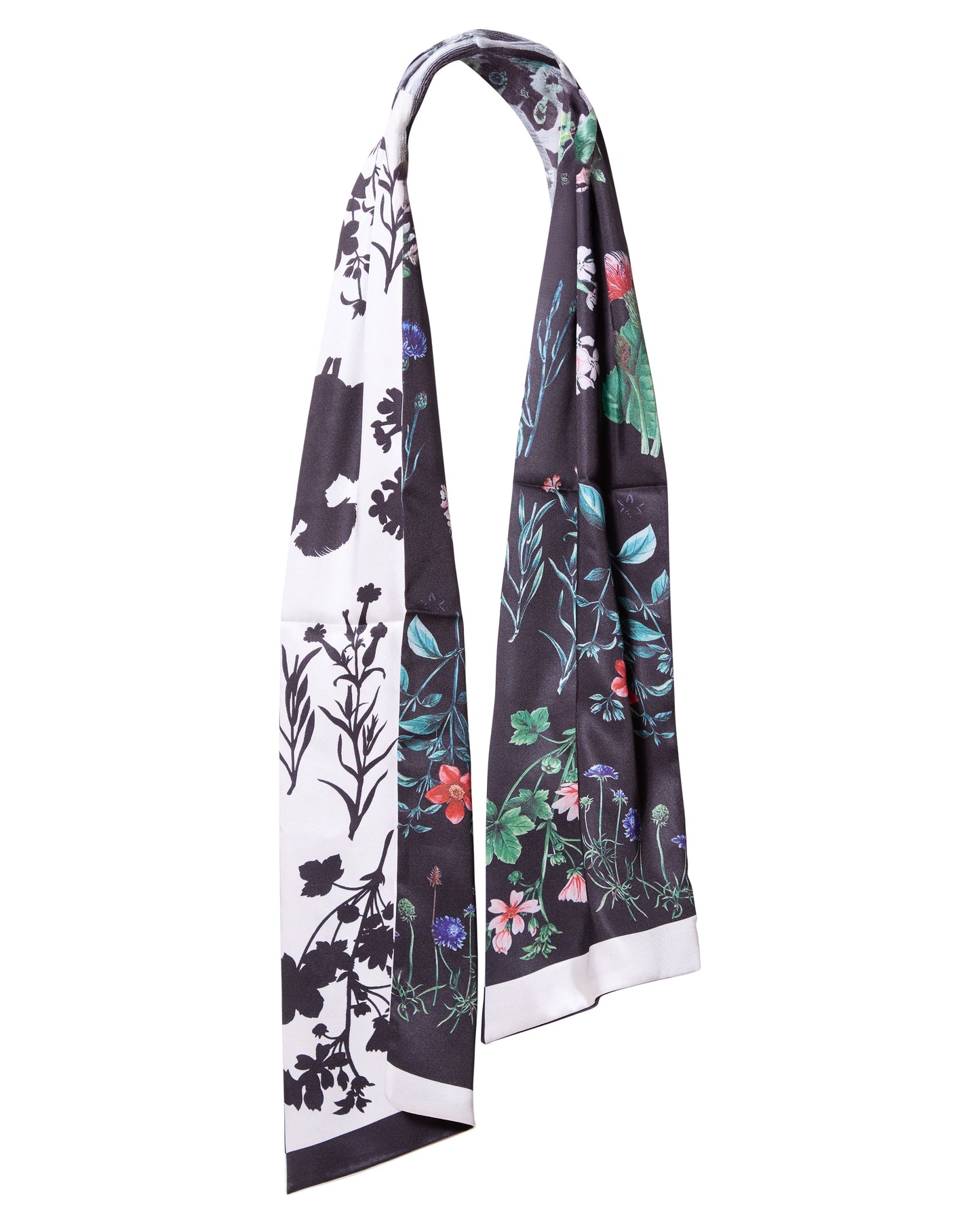 Black and White Reverse Colour Print Floral Silky Narrow Scarf