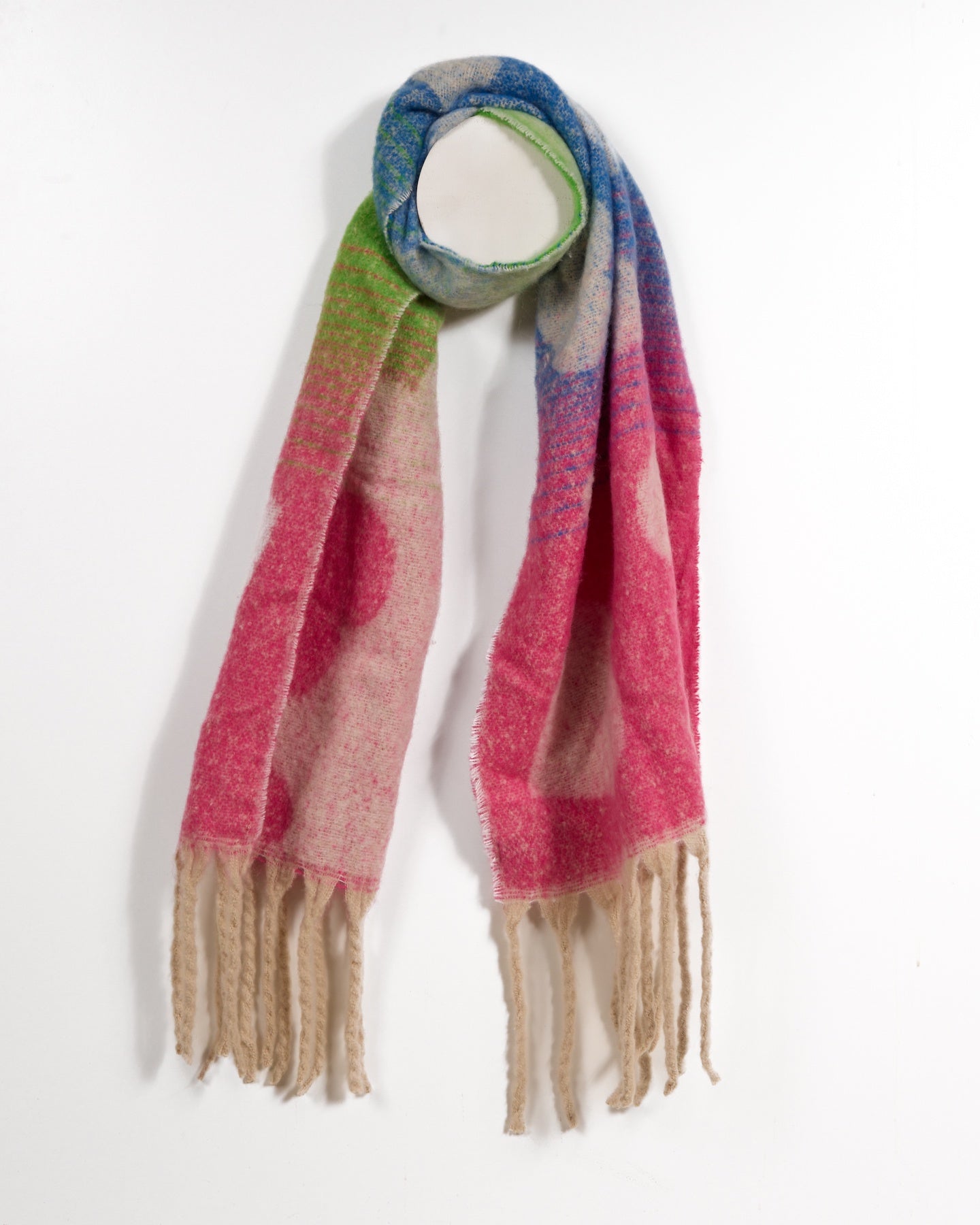 Écharpe à imprimé vif fuchsia avec franges beiges