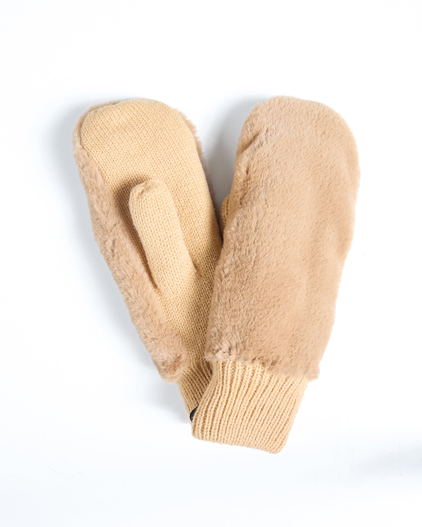 Moufles en fausse fourrure camel avec paume et poignet tricotés