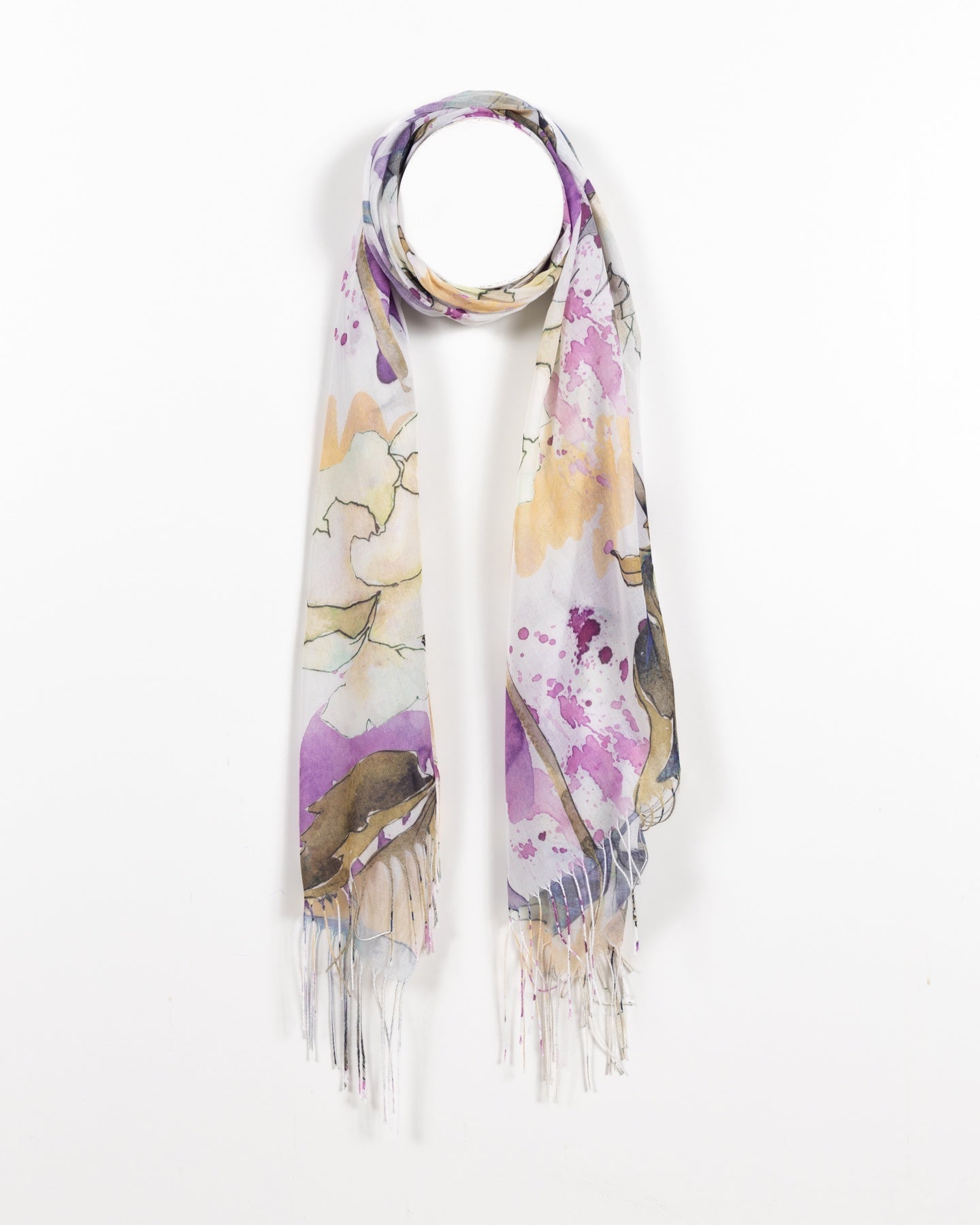 Floral Watercolor Semi-Sheer Scarf - Purple and Yellow Tones