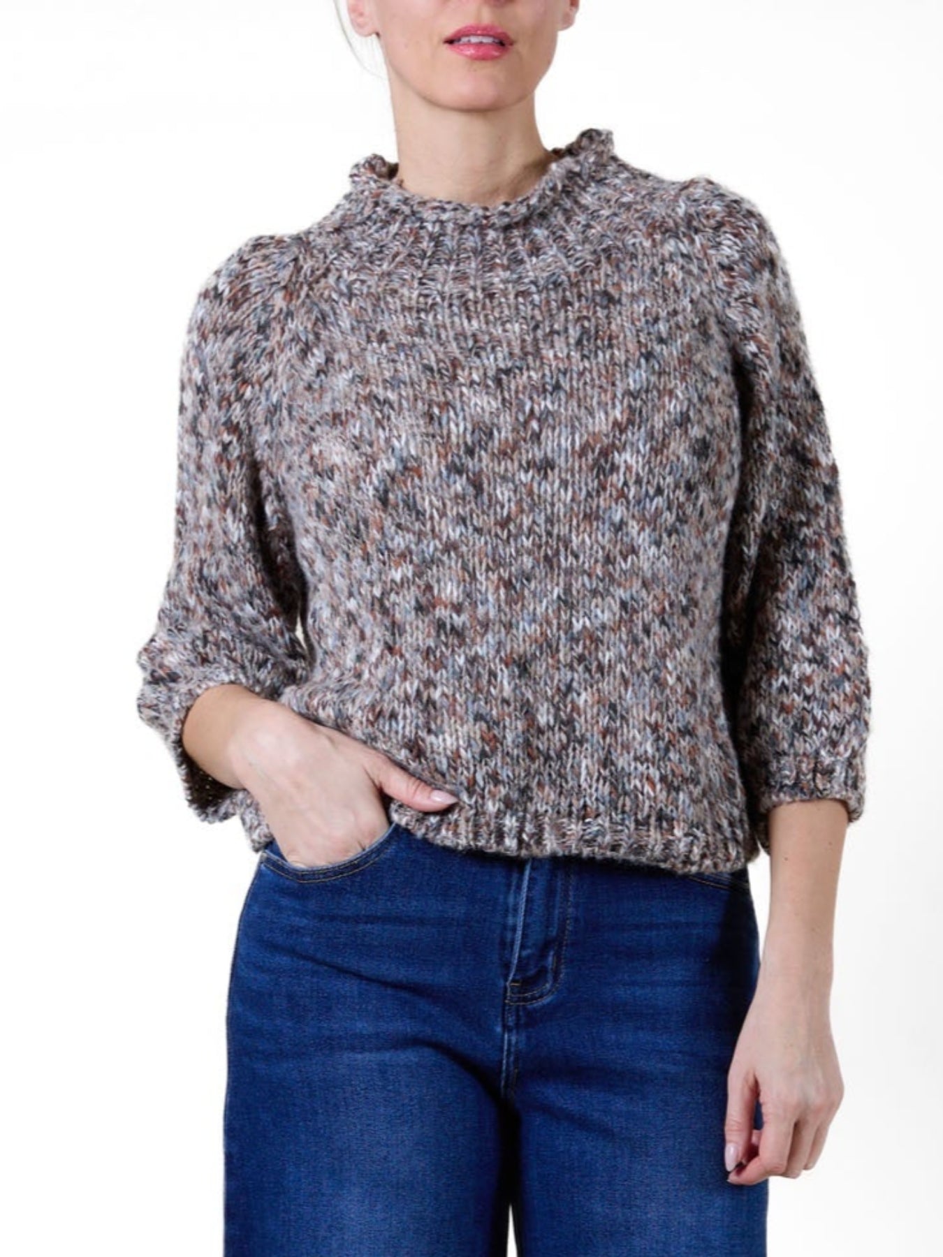 Chandail taupe à col montant en tricot chiné