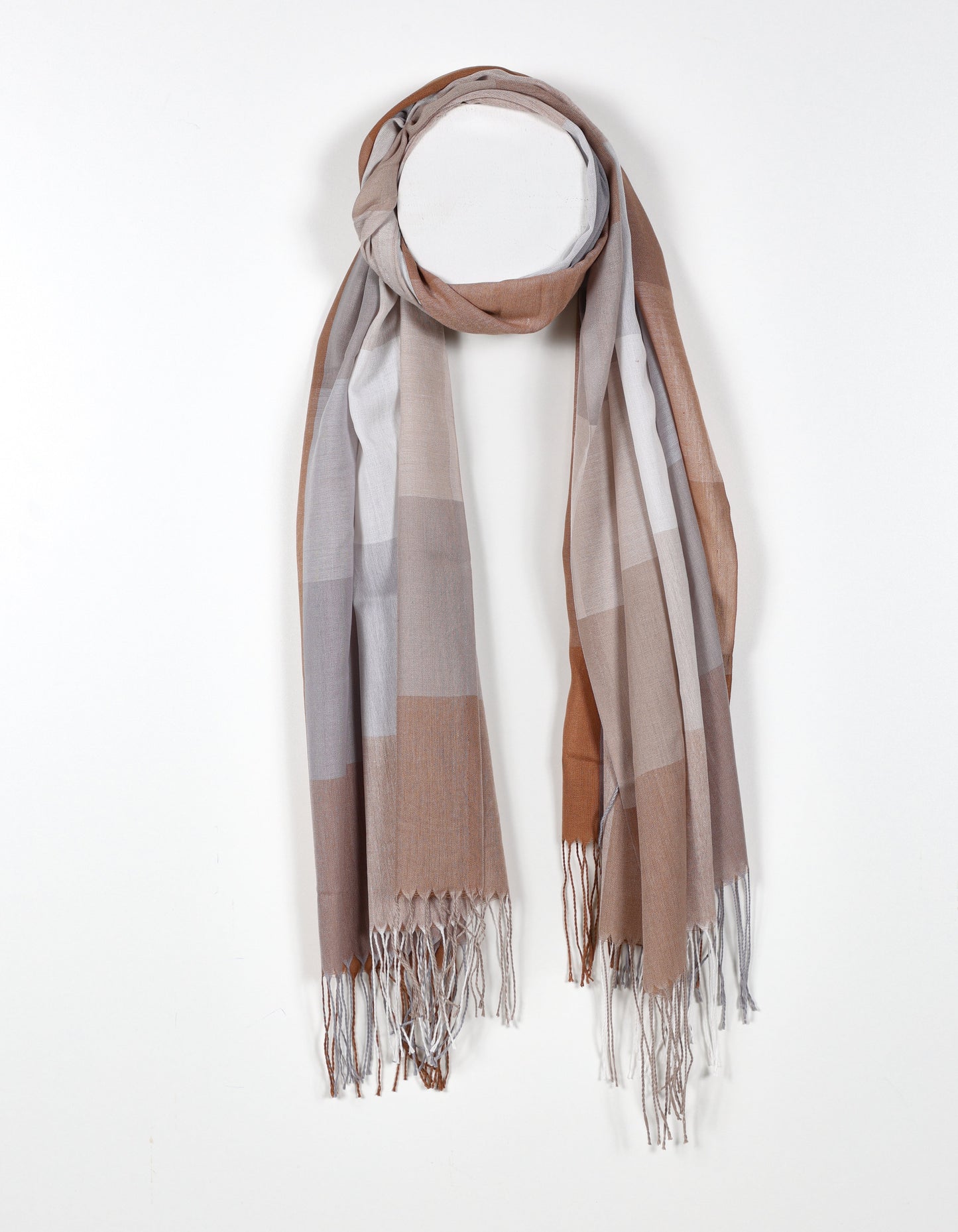 Camel - Large Plaid Print Scarf with Fringed Ends