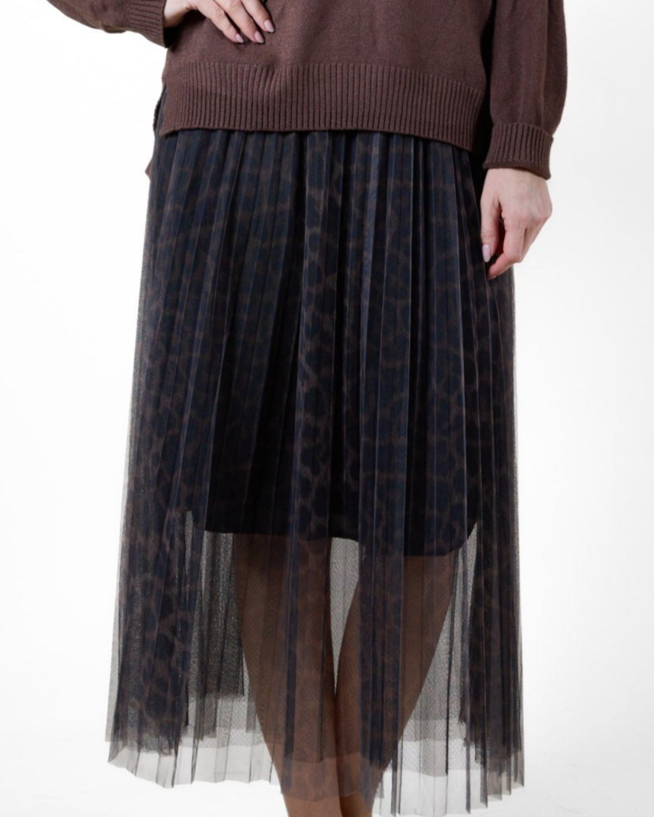 Jupe noire à enfiler, double couche plissée en maille à imprimé animalier