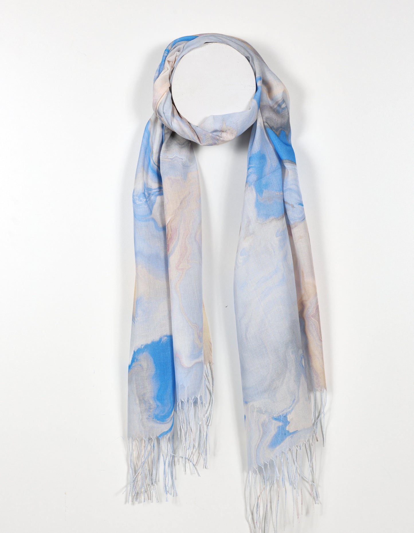 Blue - Watercolor Print Scarf with Fringed Ends
