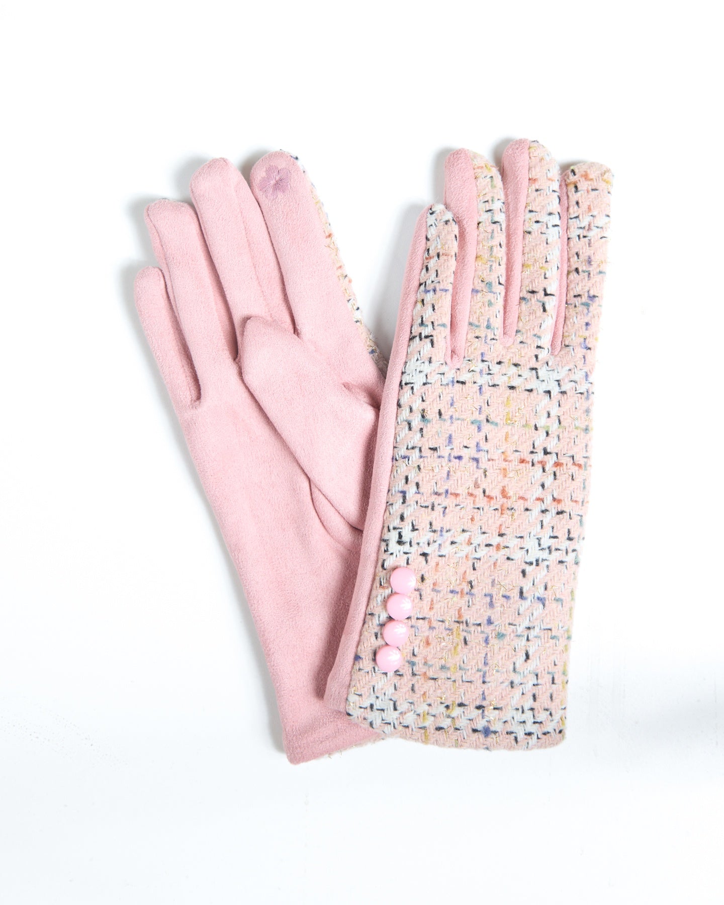 Gants roses avec empiècement en tweed tissé et boutons