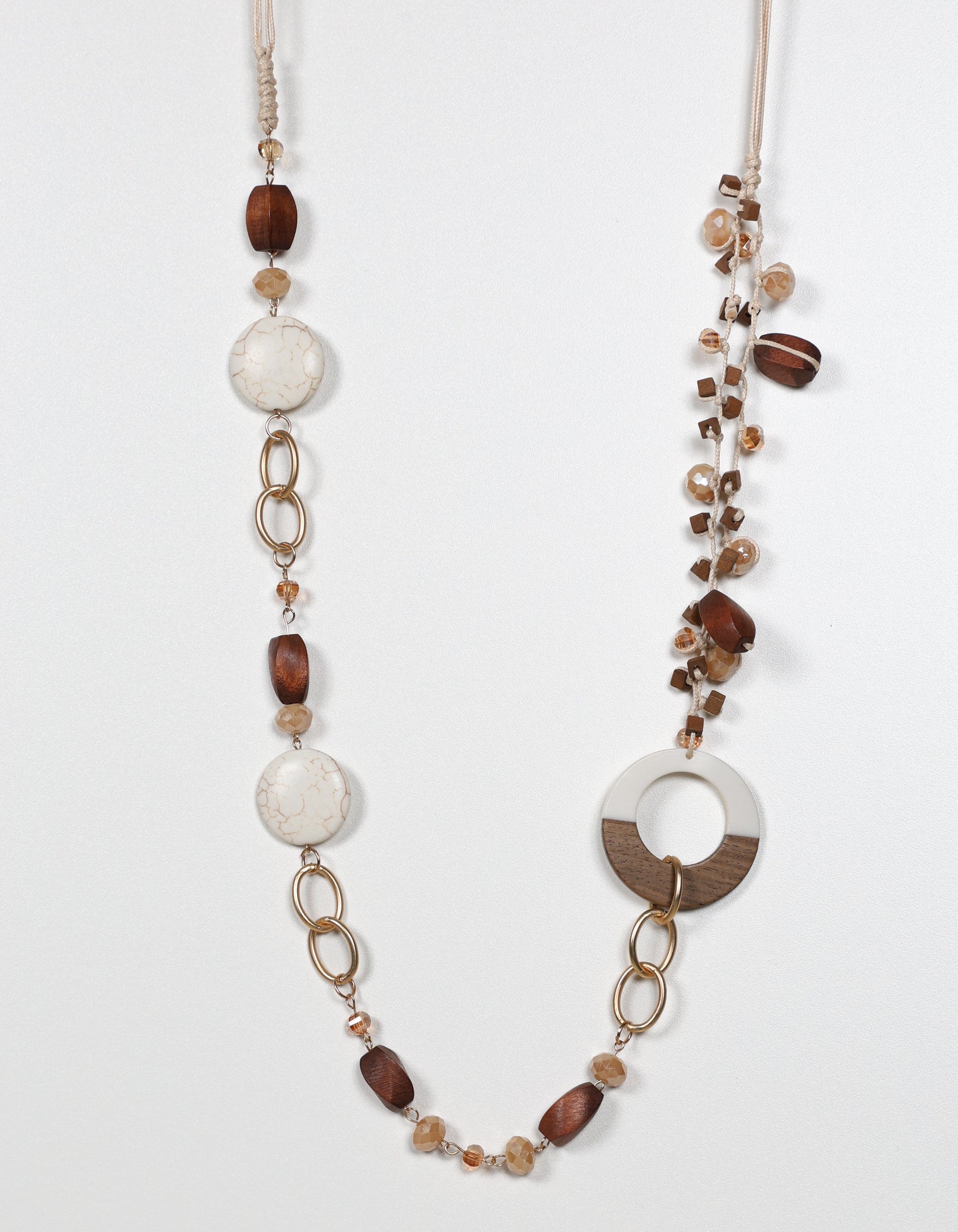 Beige Bead and Wood Necklace