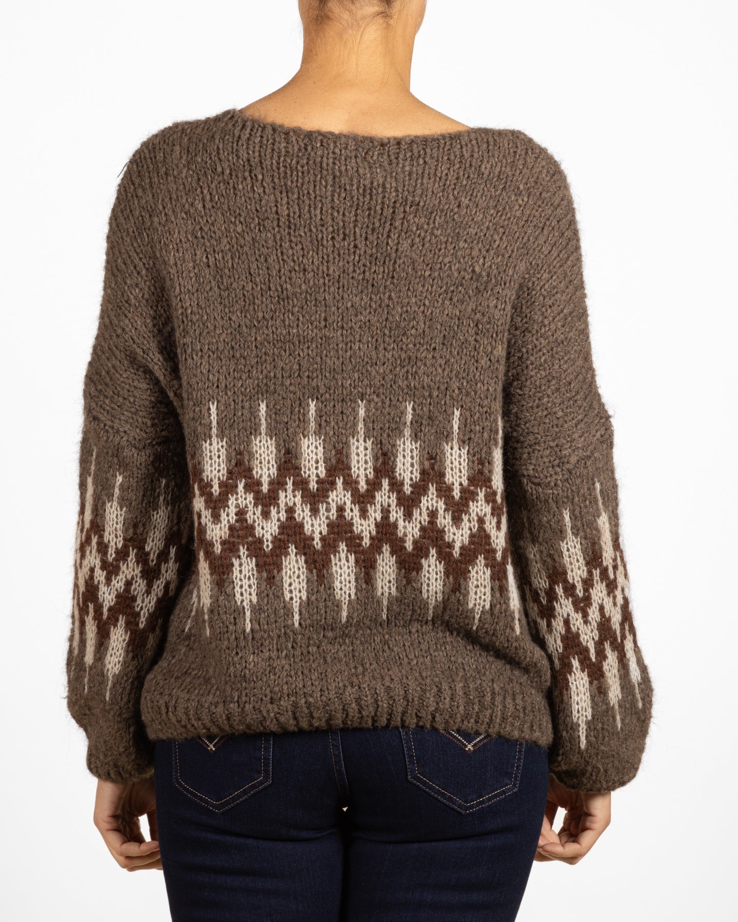 Pull à Col V avec Épaules Tombantes et Motif Zigzag Multicolore au Centre