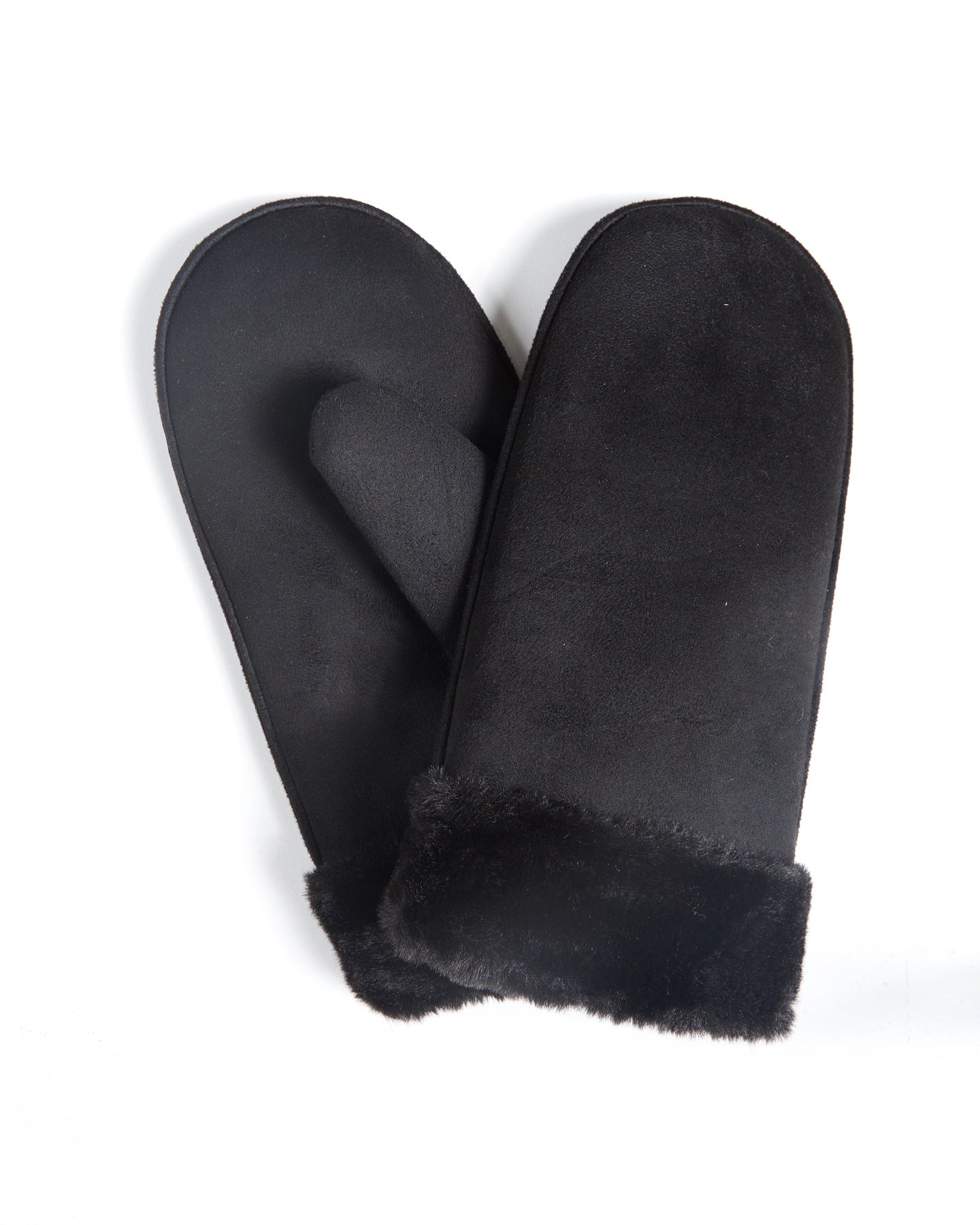 Moufles noires bordées de fourrure en faux daim