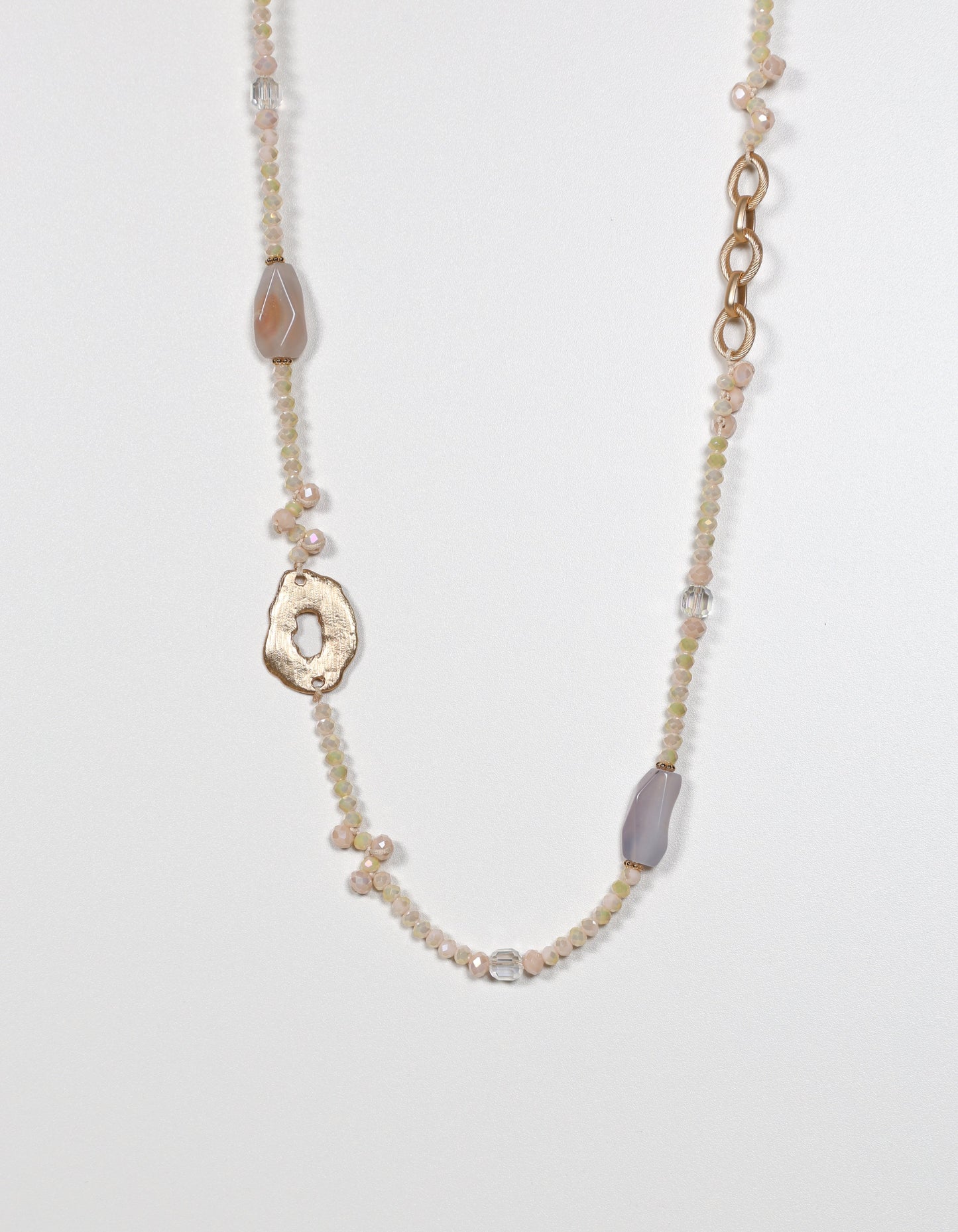 Beige Necklace with Purple Beads and Gold Oval