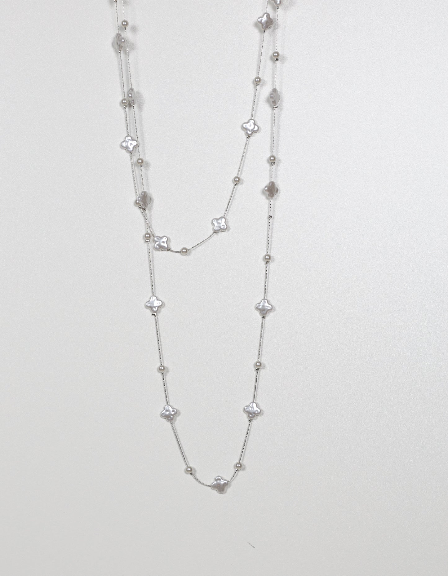 Long Pearl Necklace with Pearl-Inspired Clovers