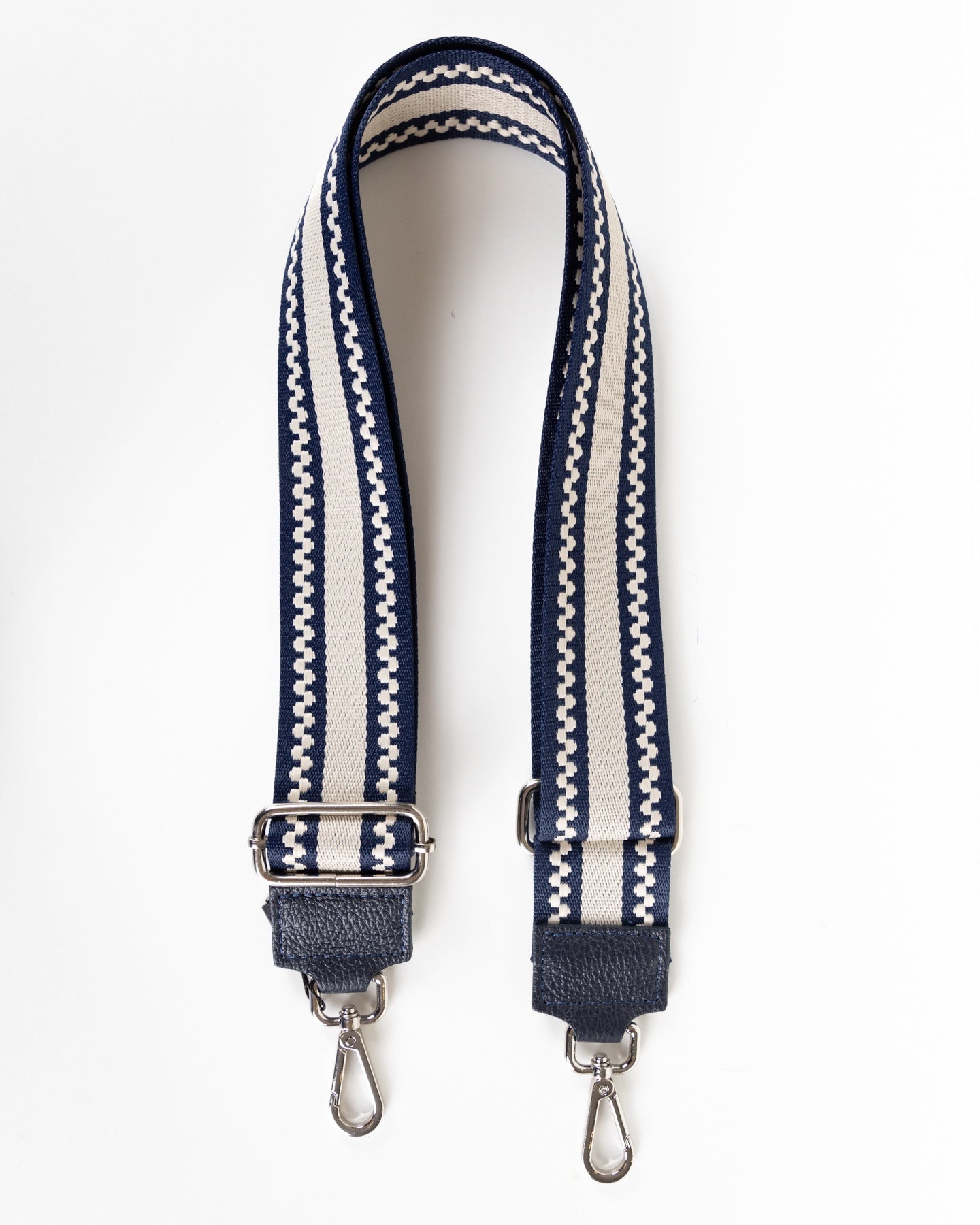 Bandoulière réglable avec motif tissé bleu marine et beige