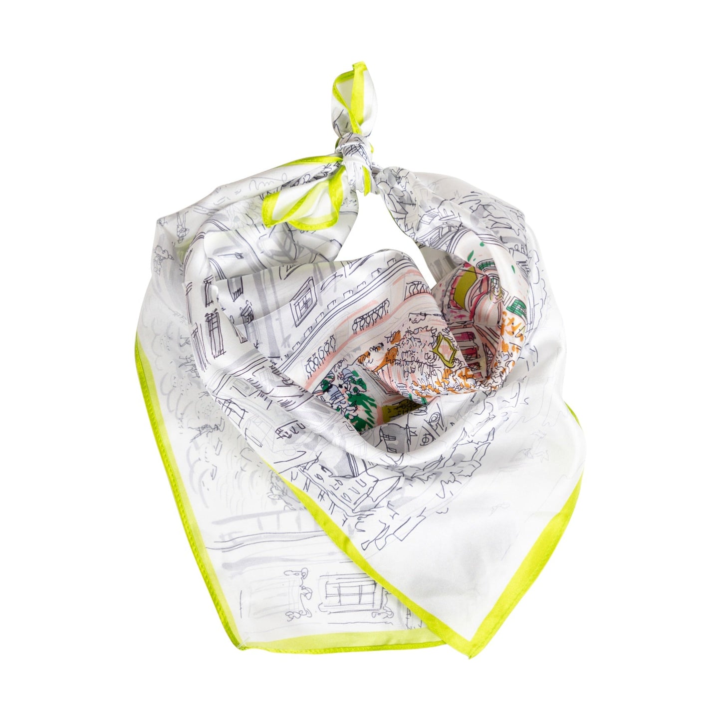 City View Decorative Silk Scarf with Lime Green Edges