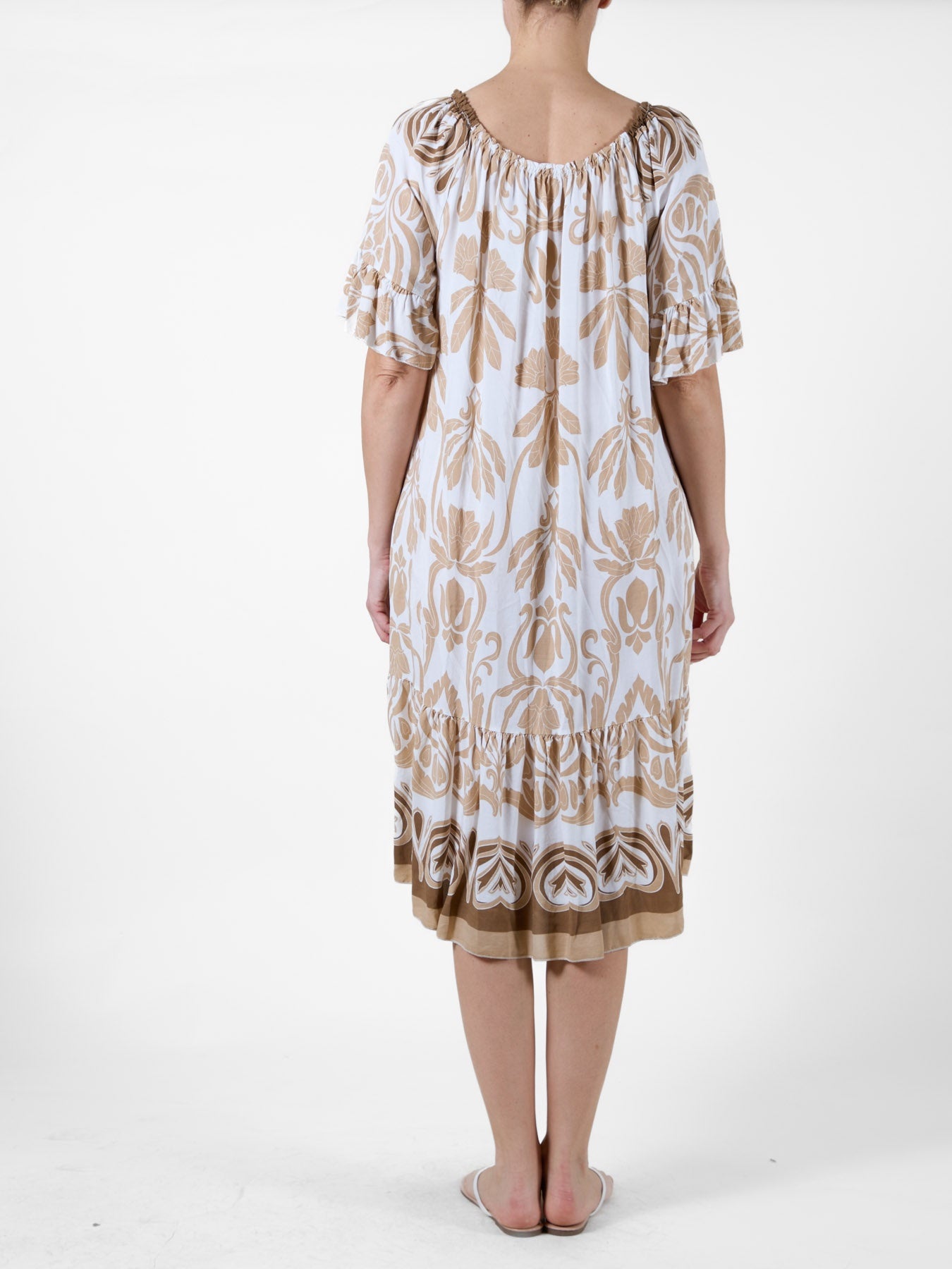 Beige Mid-Length Dress with Ruffled Bottom and Sleeves, Tropical Print