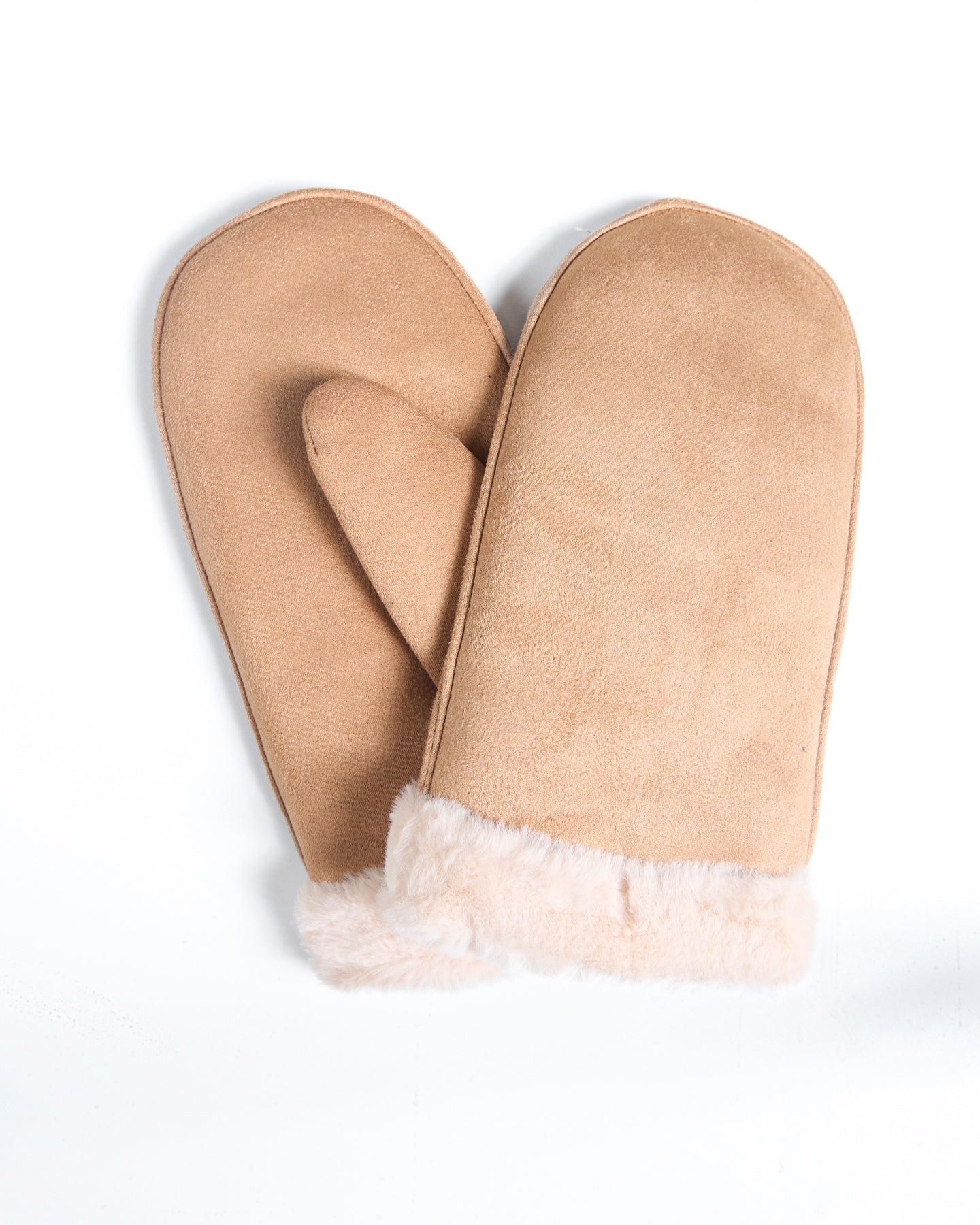 Moufles taupe bordées de fourrure en faux daim