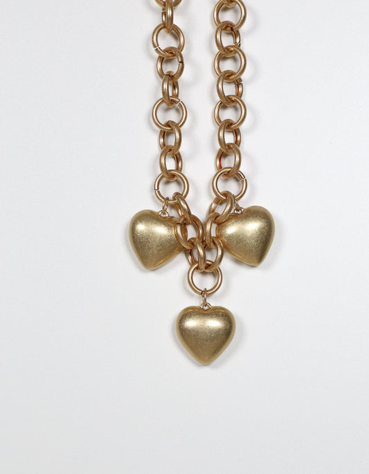 Gold Linked Chain Necklace with Heart Pendants