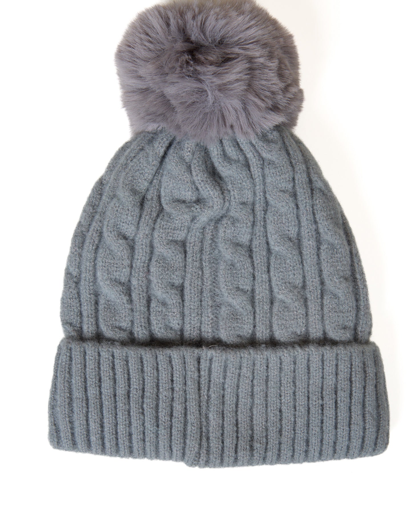 Gray Cable Knit Pom-Pom Beanie