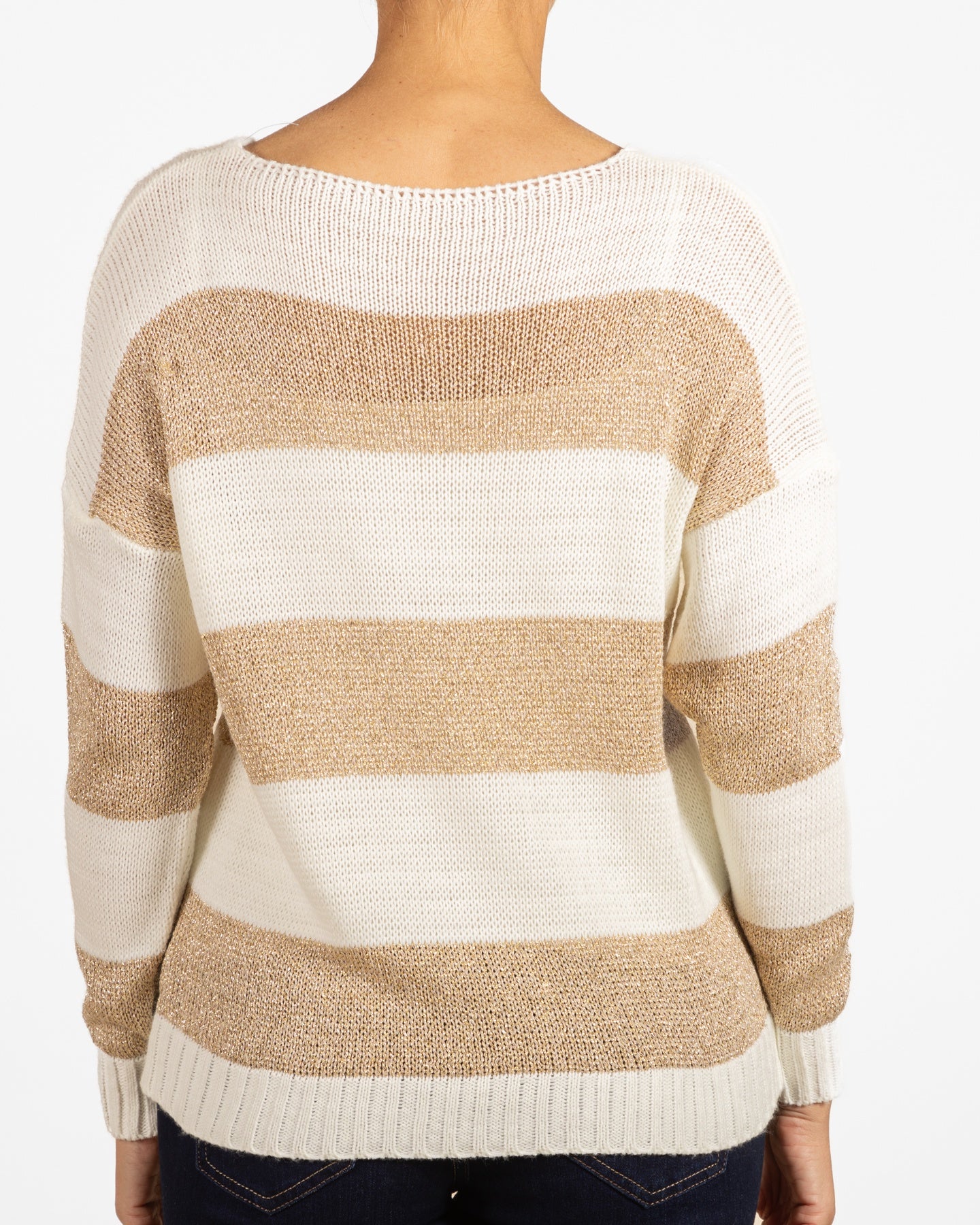 Snow V Neck Gold Lurex Combo Drop Shoulder Stripe Sweater