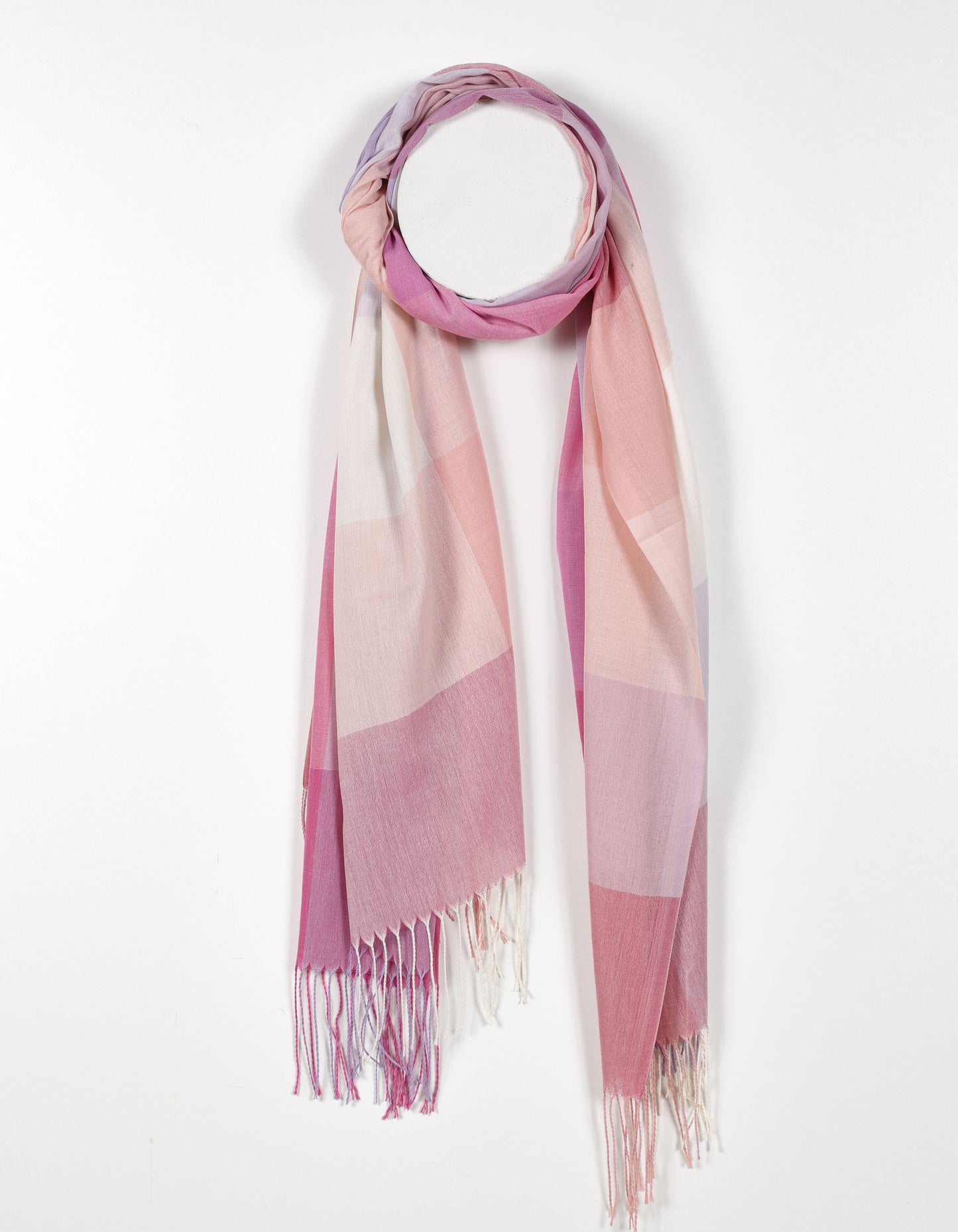 Pink - Large Plaid Print Scarf with Fringed Ends