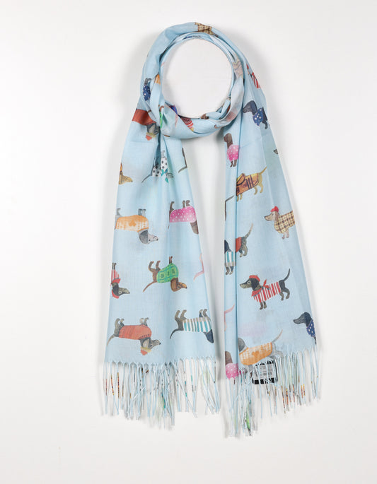 Blue Dachshund Print Scarf with Fringed Ends