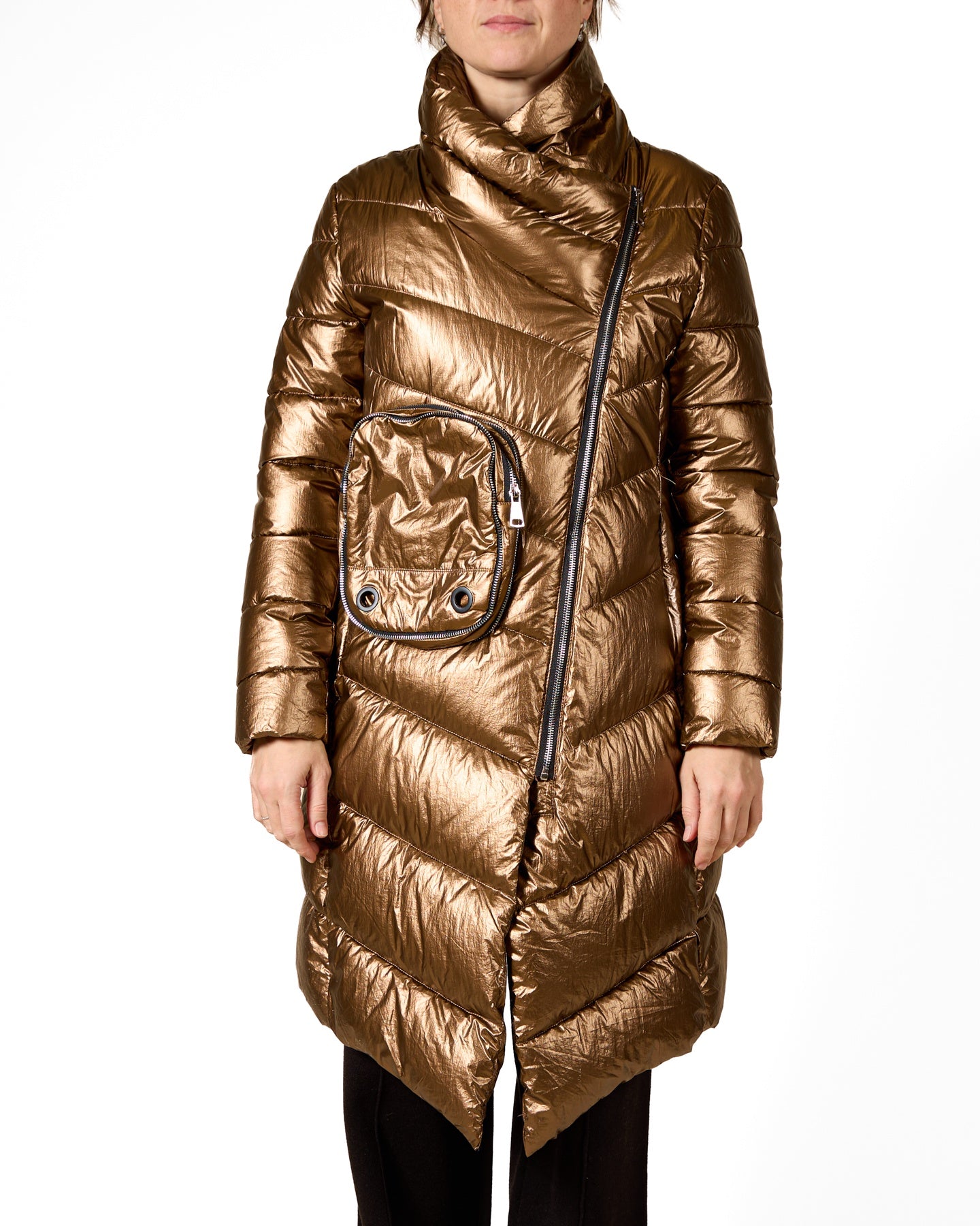 Bronze Hooded Long Puffer Jacket with Front Pouch