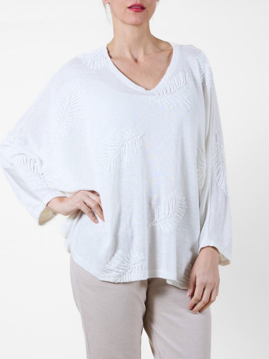 Snow Scoop Neck Long Sleeve Embossed Leaf Top