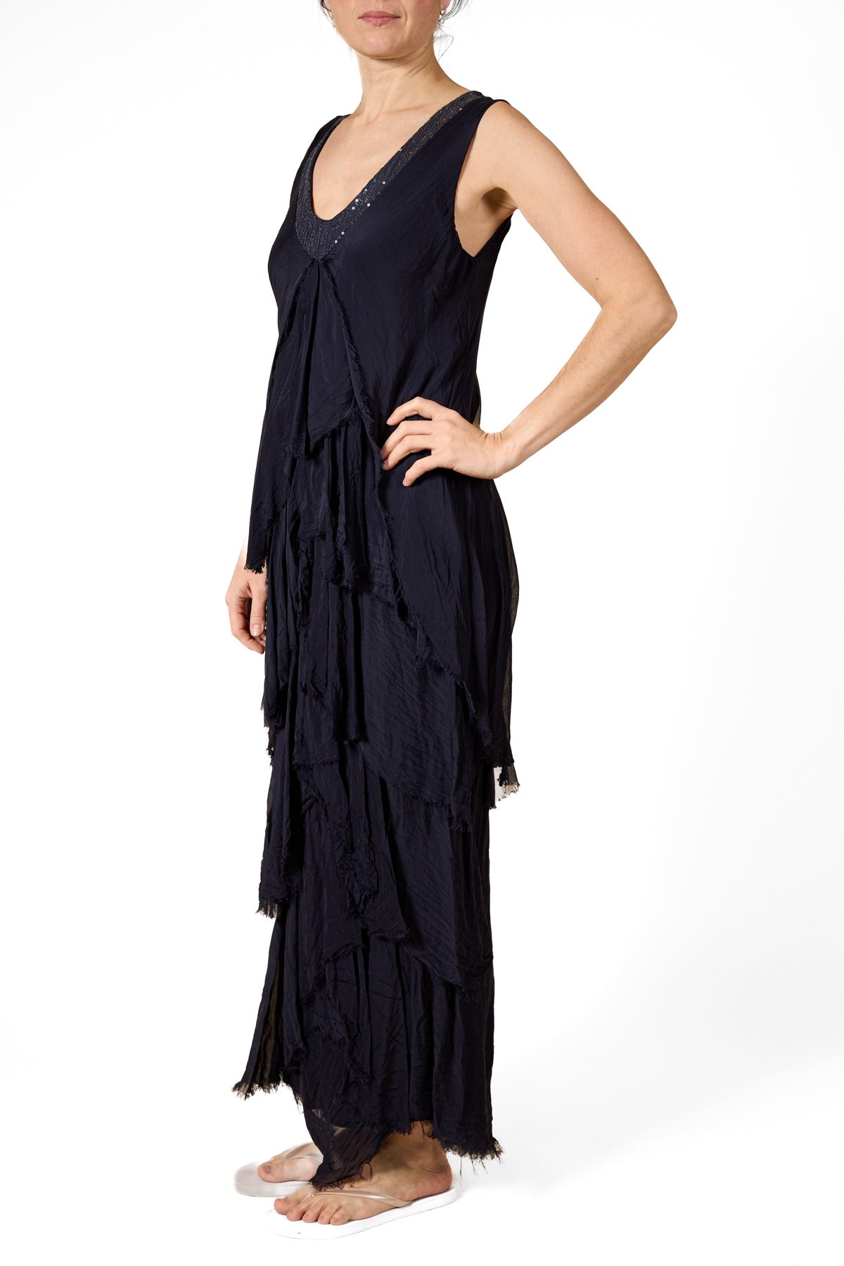 Midnight Deep V Sequin Neck Sleeveless Maxi Multi Raw Edge Lined Dress