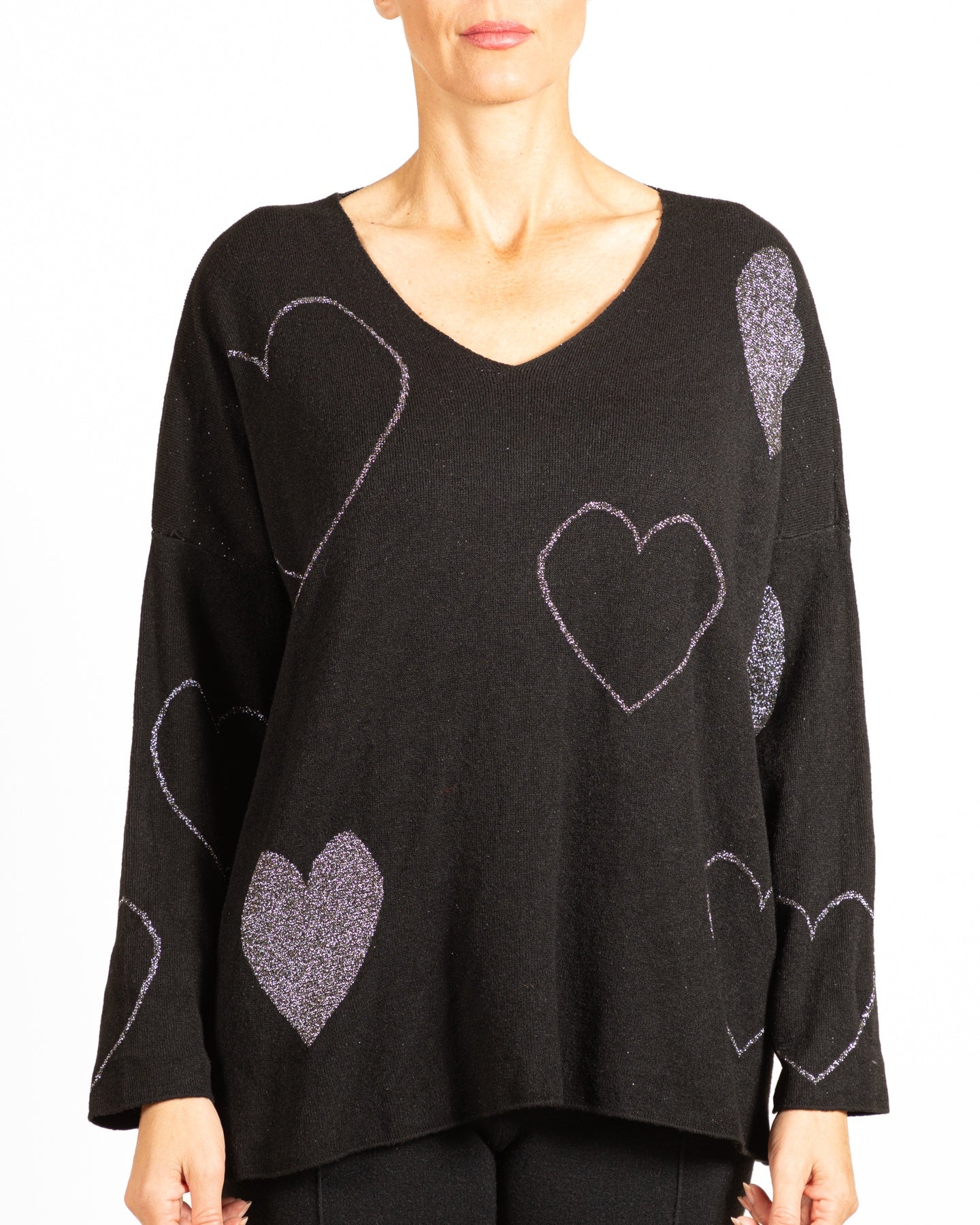 Black V Neck Drop Shoulder Multi Lurex Glitter Hearts Pullover