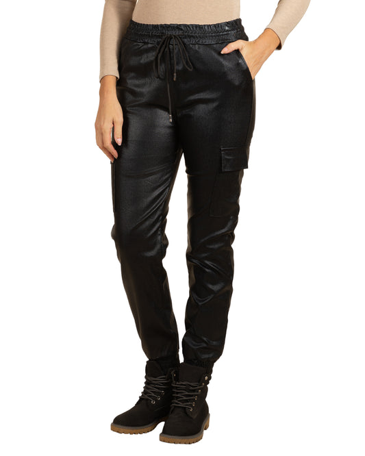 Black Pull On Drawstring Cargo Elastic Hem Pant