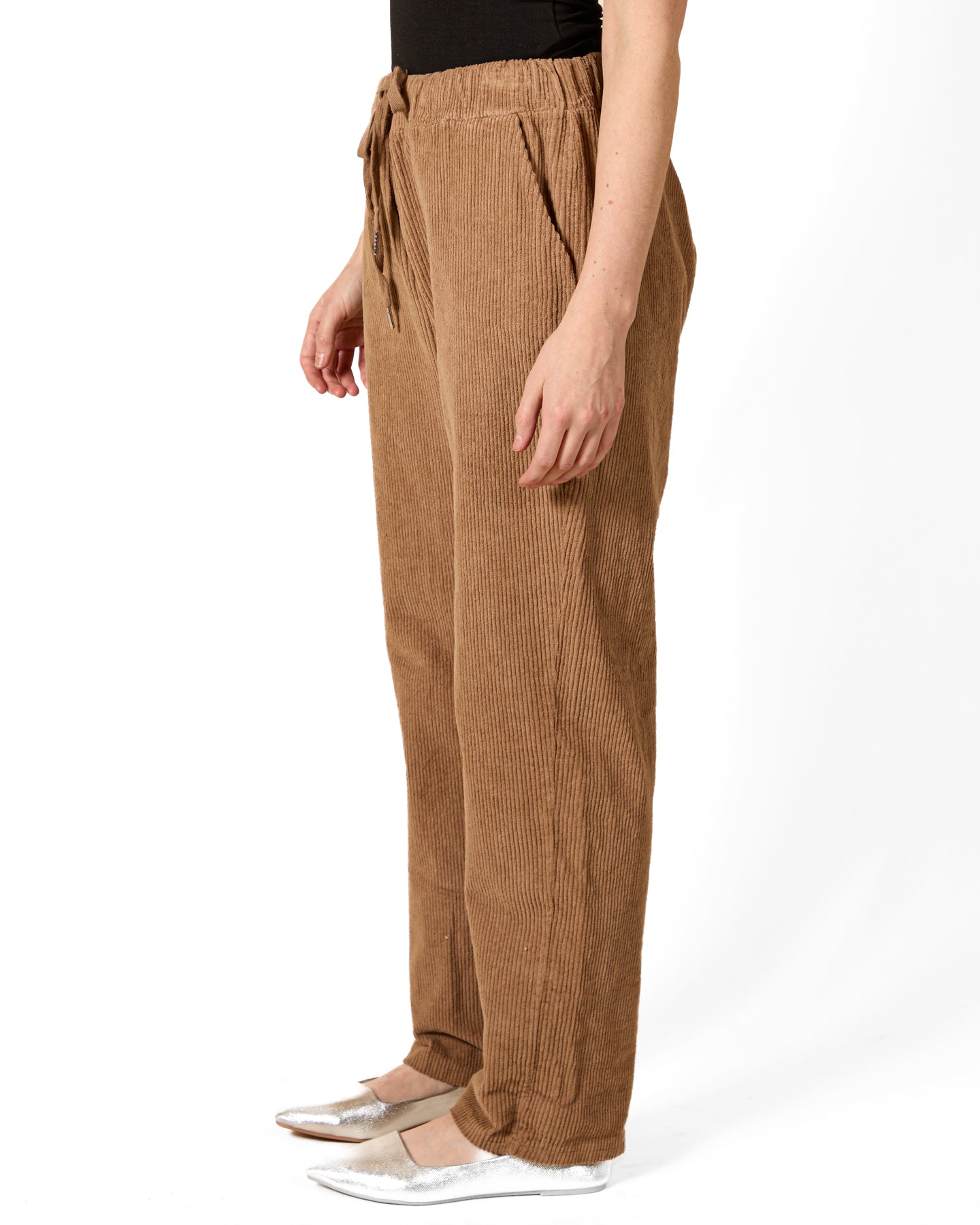 Camel Pull On Drawstring Poor Boy Rib Pant