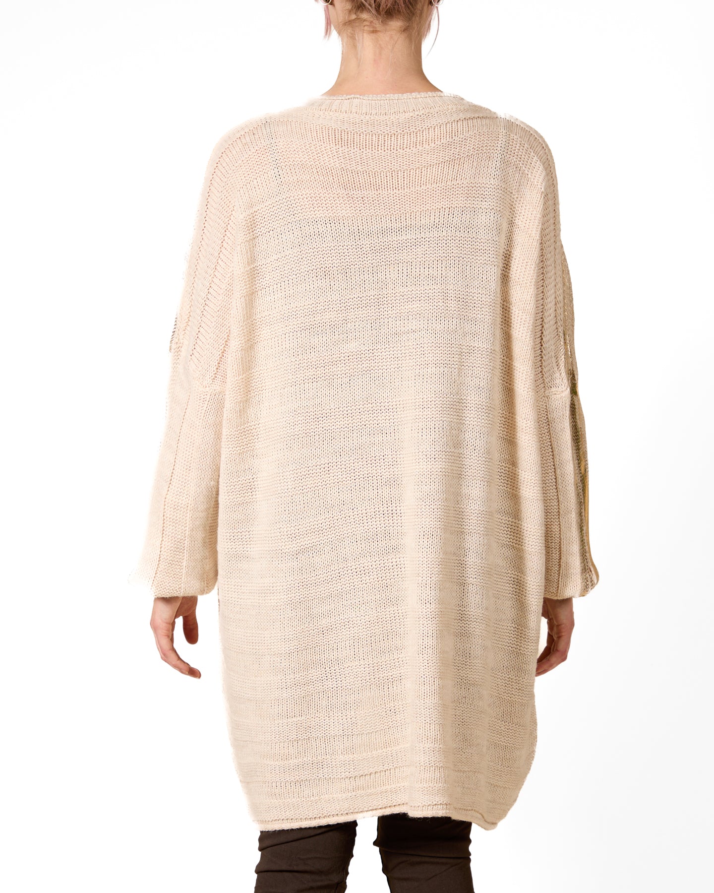 Beige Drop Shoulder Gold Foil Front Box Shape Double Knit Sweater