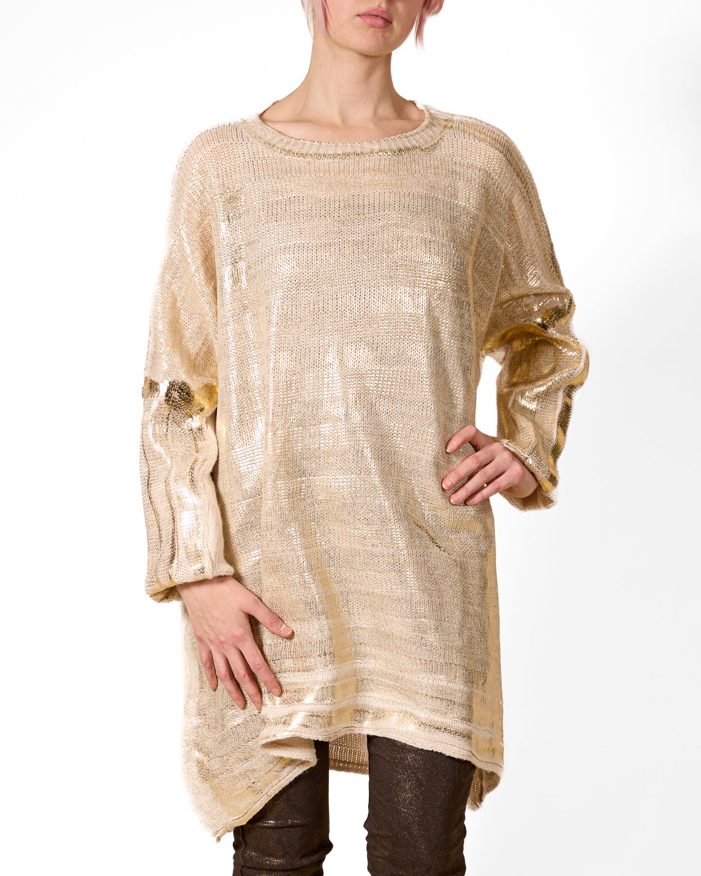 Beige Drop Shoulder Gold Foil Front Box Shape Double Knit Sweater