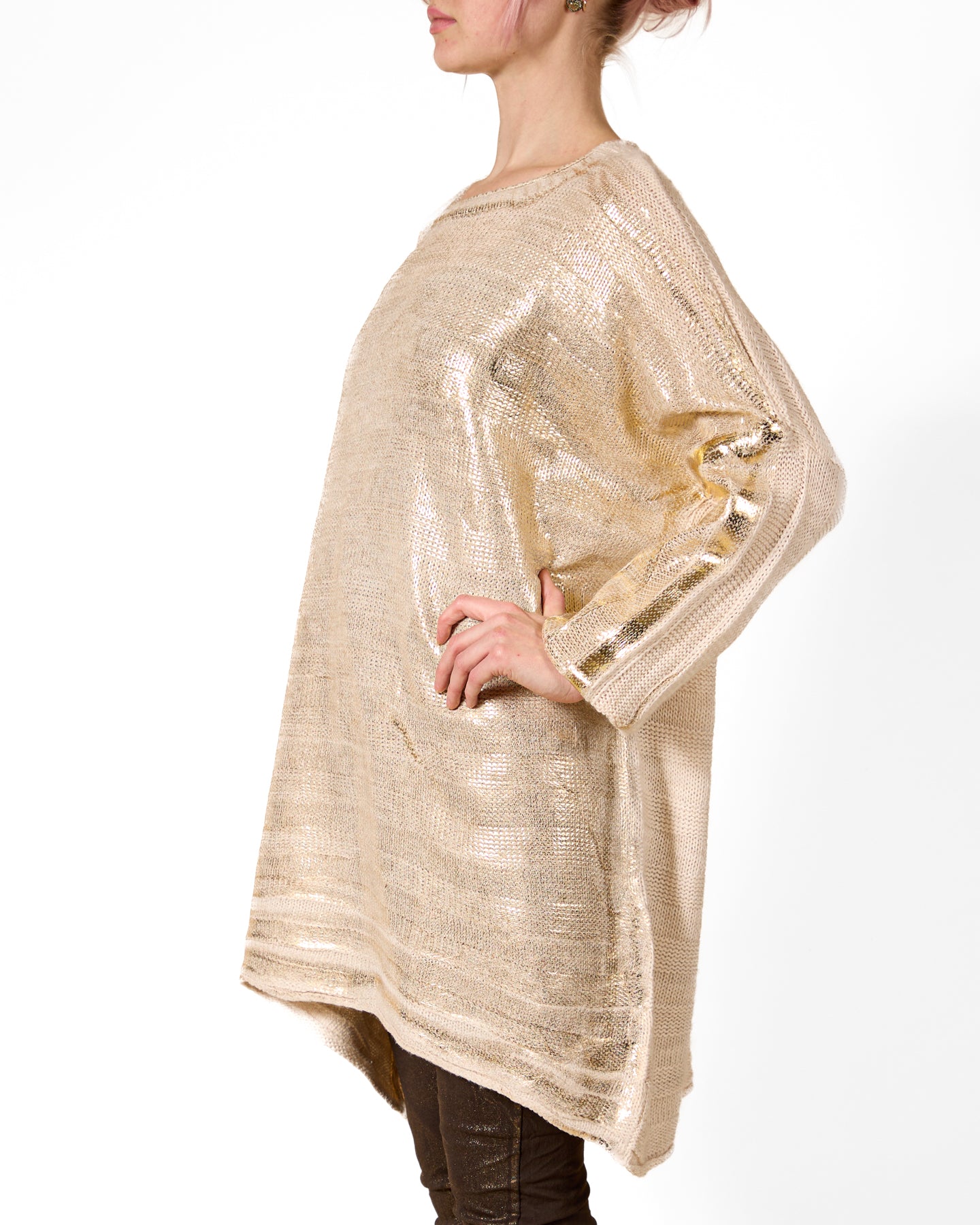 Beige Drop Shoulder Gold Foil Front Box Shape Double Knit Sweater