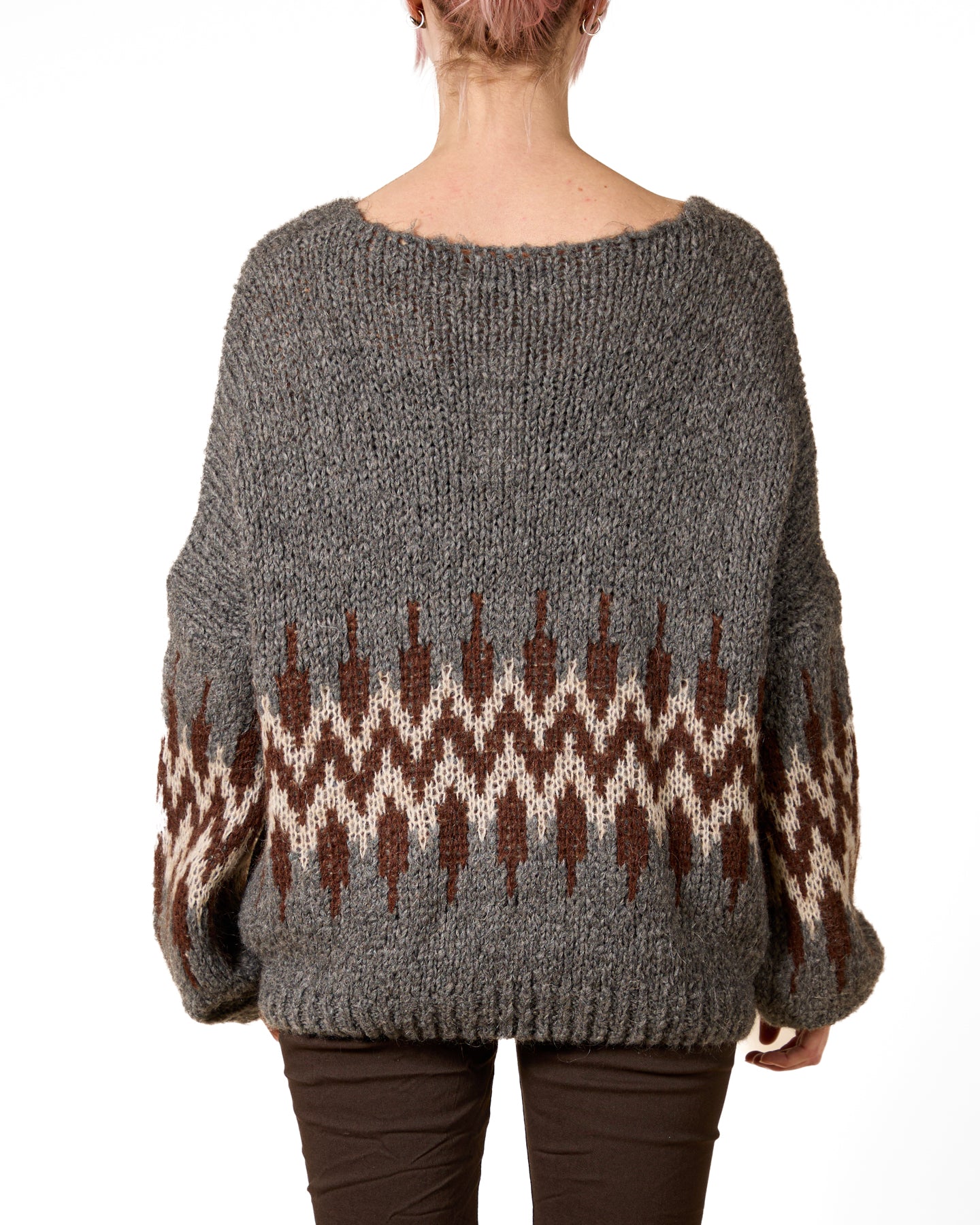 Pewter V Neck Drop Shoulder Multi Varigated Zig Zag Middle Sweater