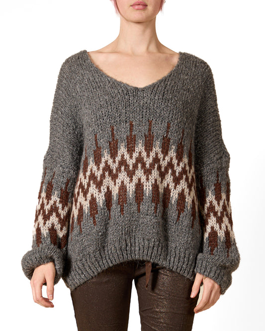 Pewter V Neck Drop Shoulder Multi Varigated Zig Zag Middle Sweater