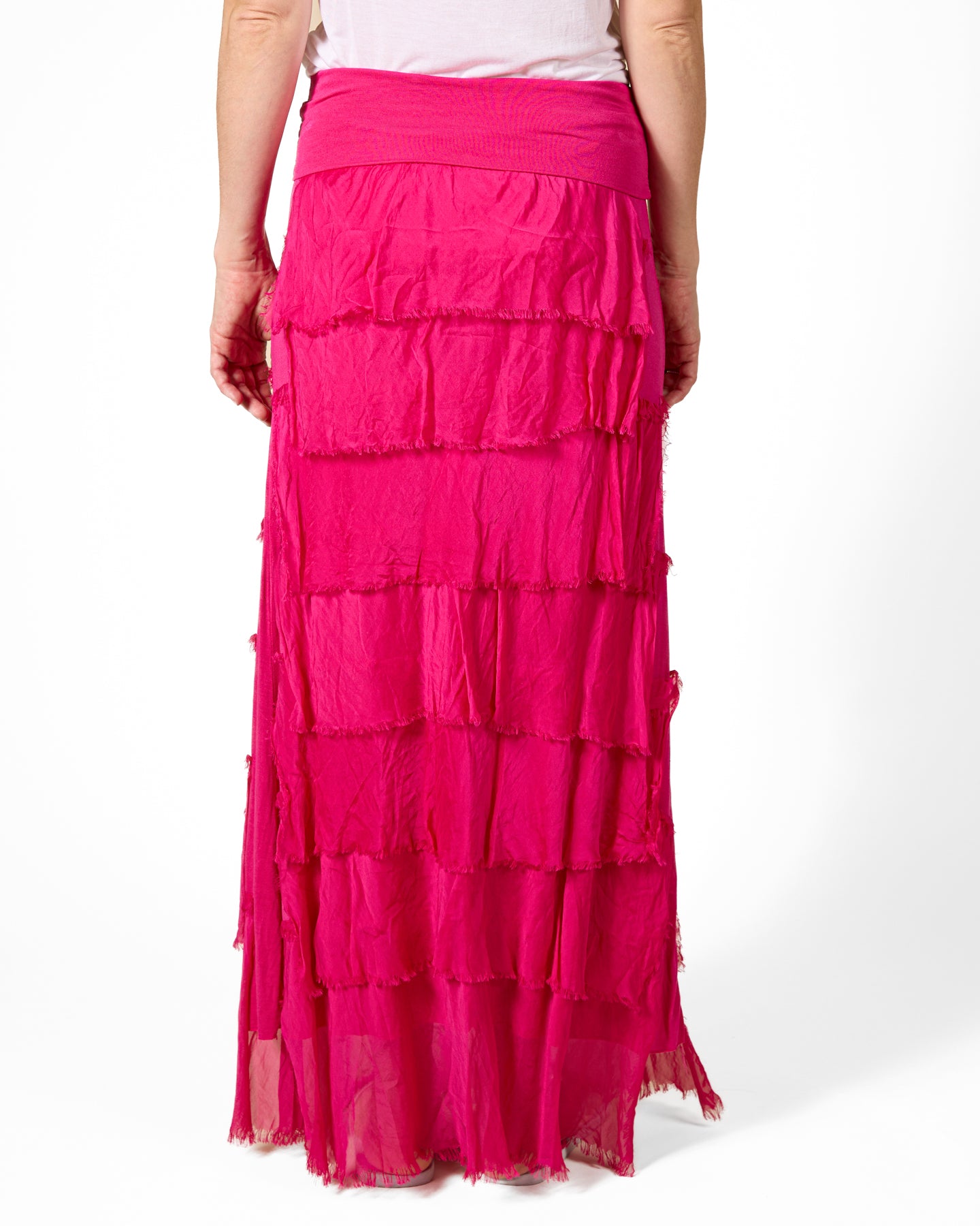 Cherry Pull On Wide Band Combo Multi Raw Edge Lined Maxi Silk Skirt