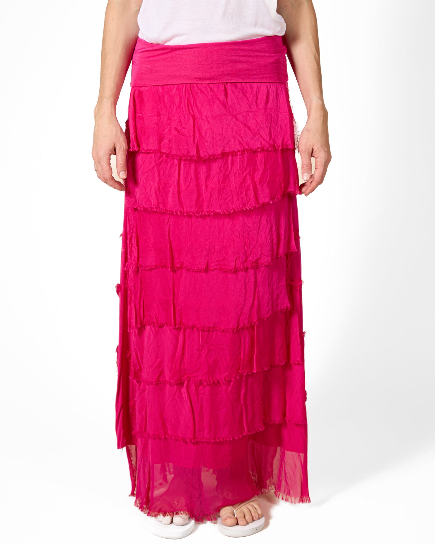 Cherry Pull On Wide Band Combo Multi Raw Edge Lined Maxi Silk Skirt